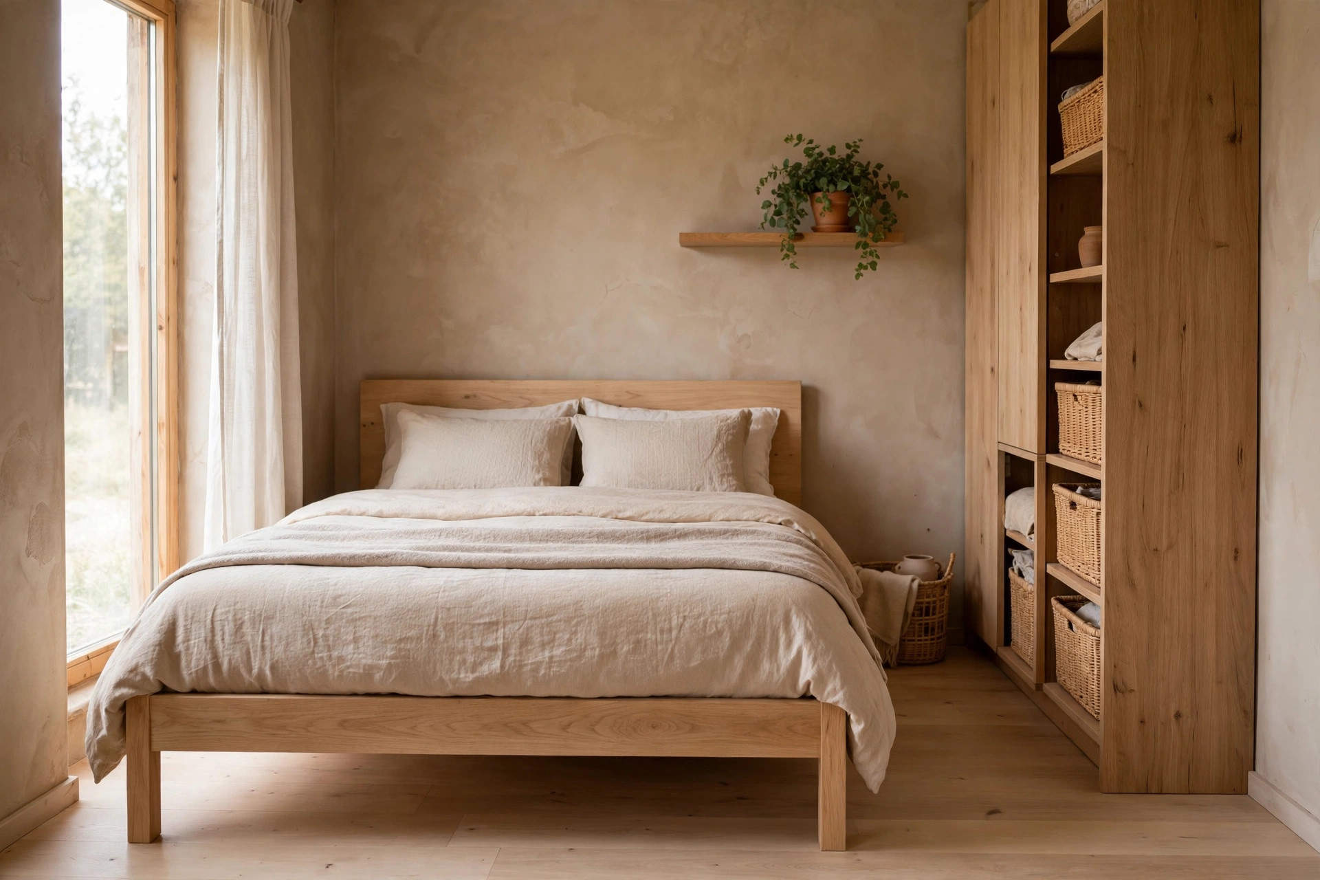 A very small earthy bedroom with clear floor, light oak bed, warm bedding, and one shelf with a plant