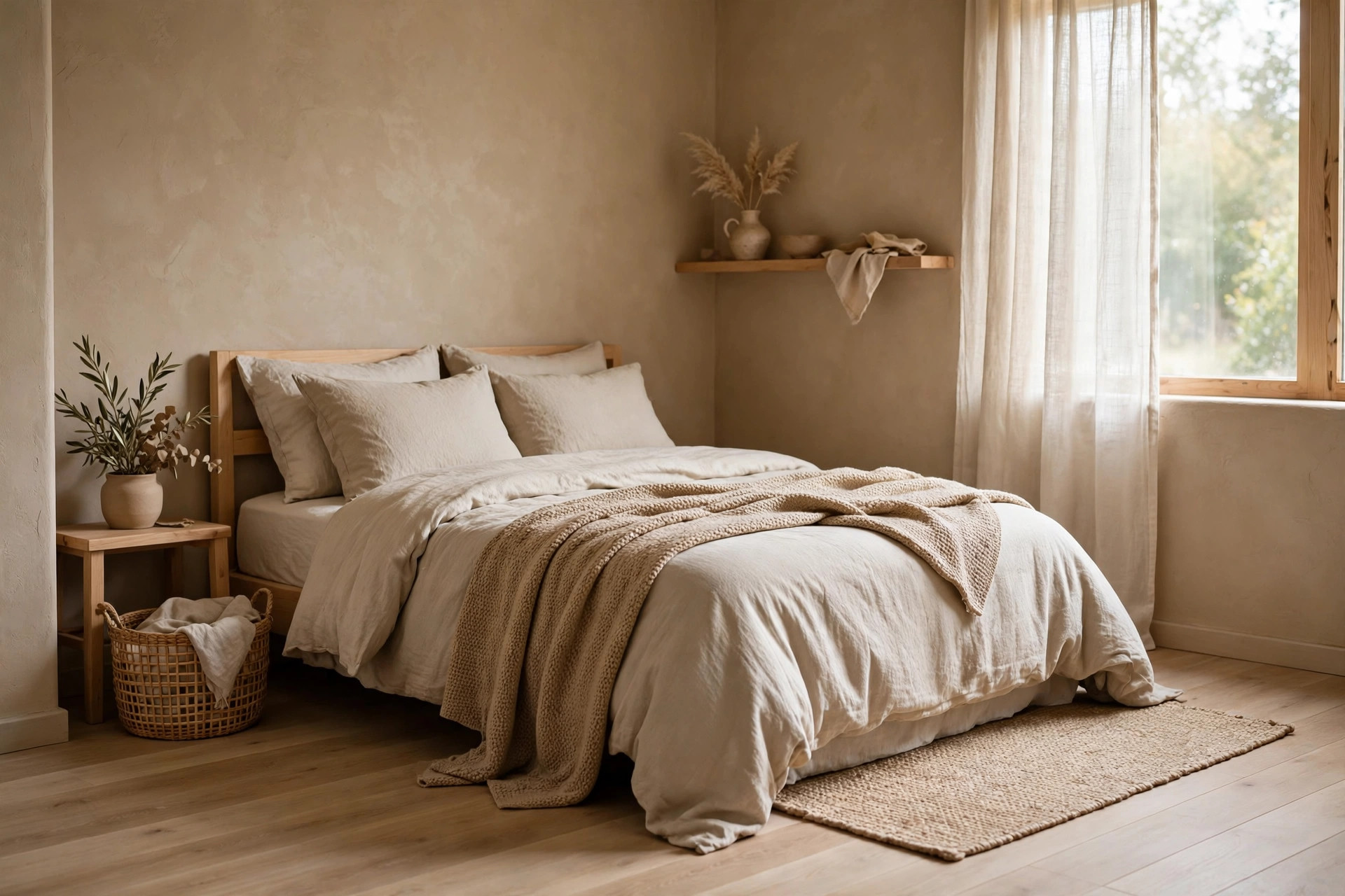 A small bedroom with warm neutral earthy bedding in clay beige and oatmeal, soft daylight