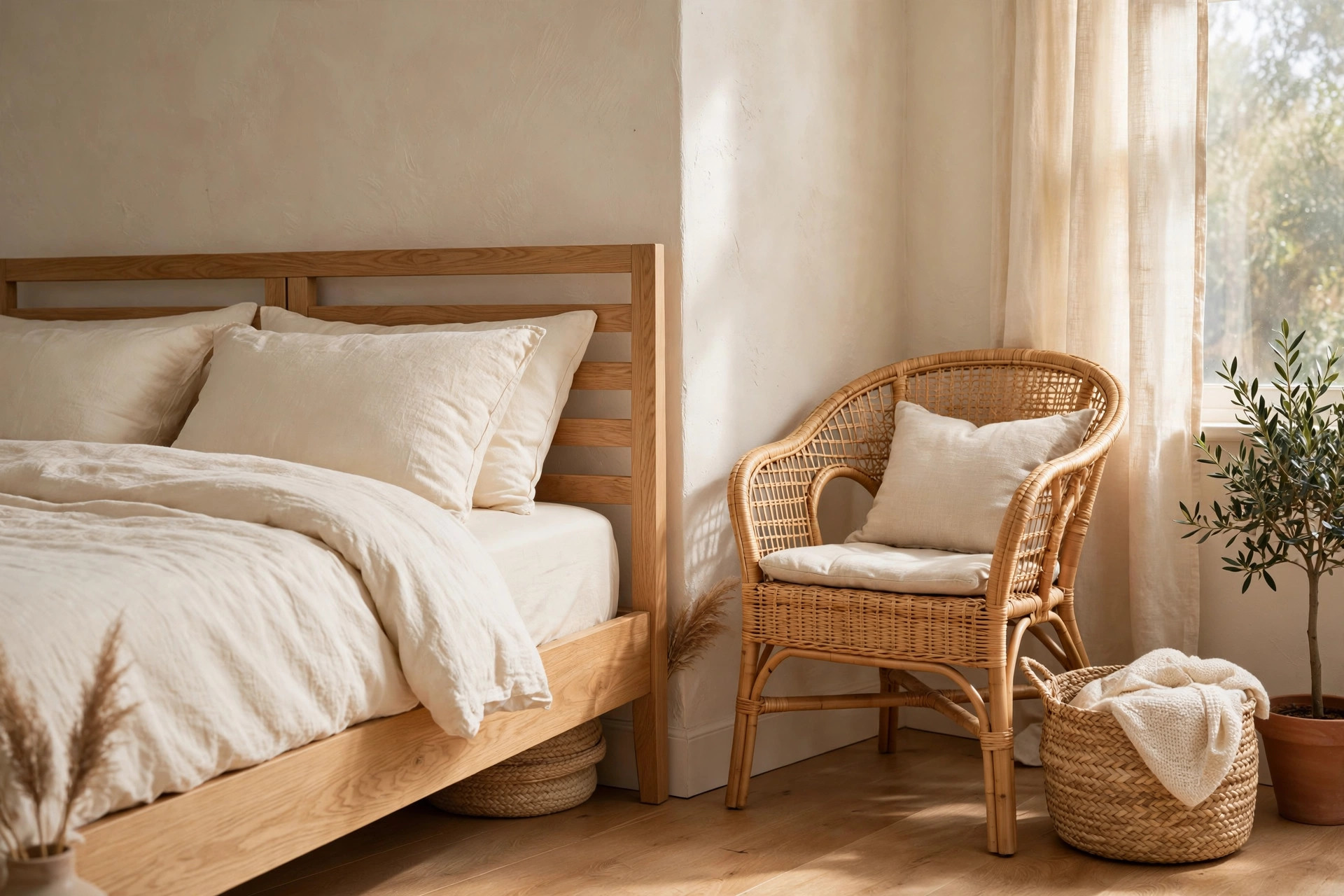 A bedroom corner with light oak bed frame and rattan chair, woven basket, warm wood tones