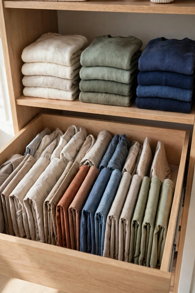 File-folded clothes standing upright in a drawer and neat folded stacks on a closet shelf