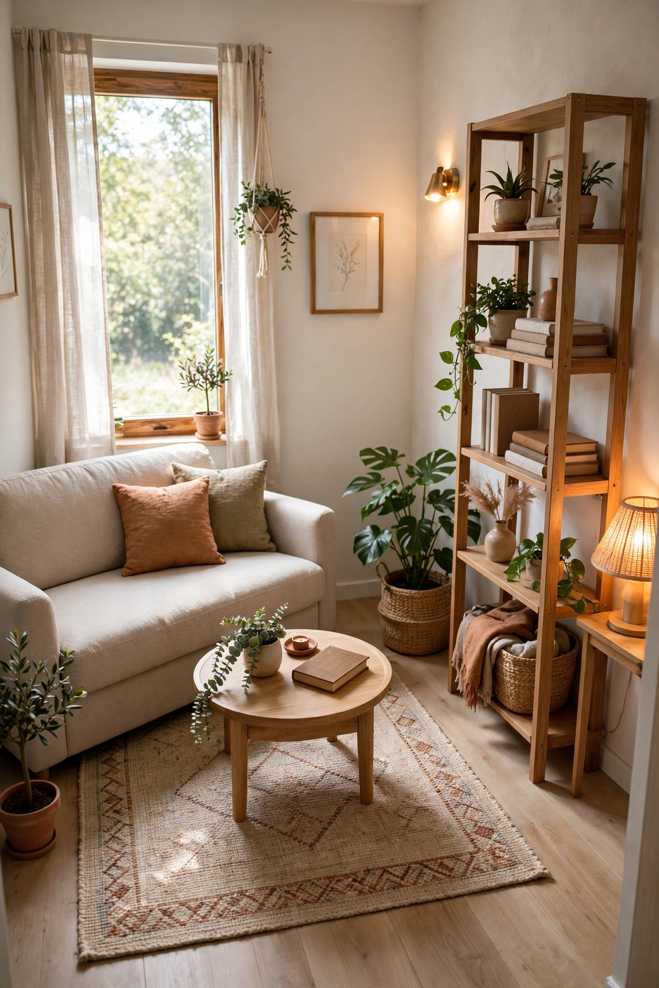 Final tiny living room setup with flexible furniture, plants, and layered light