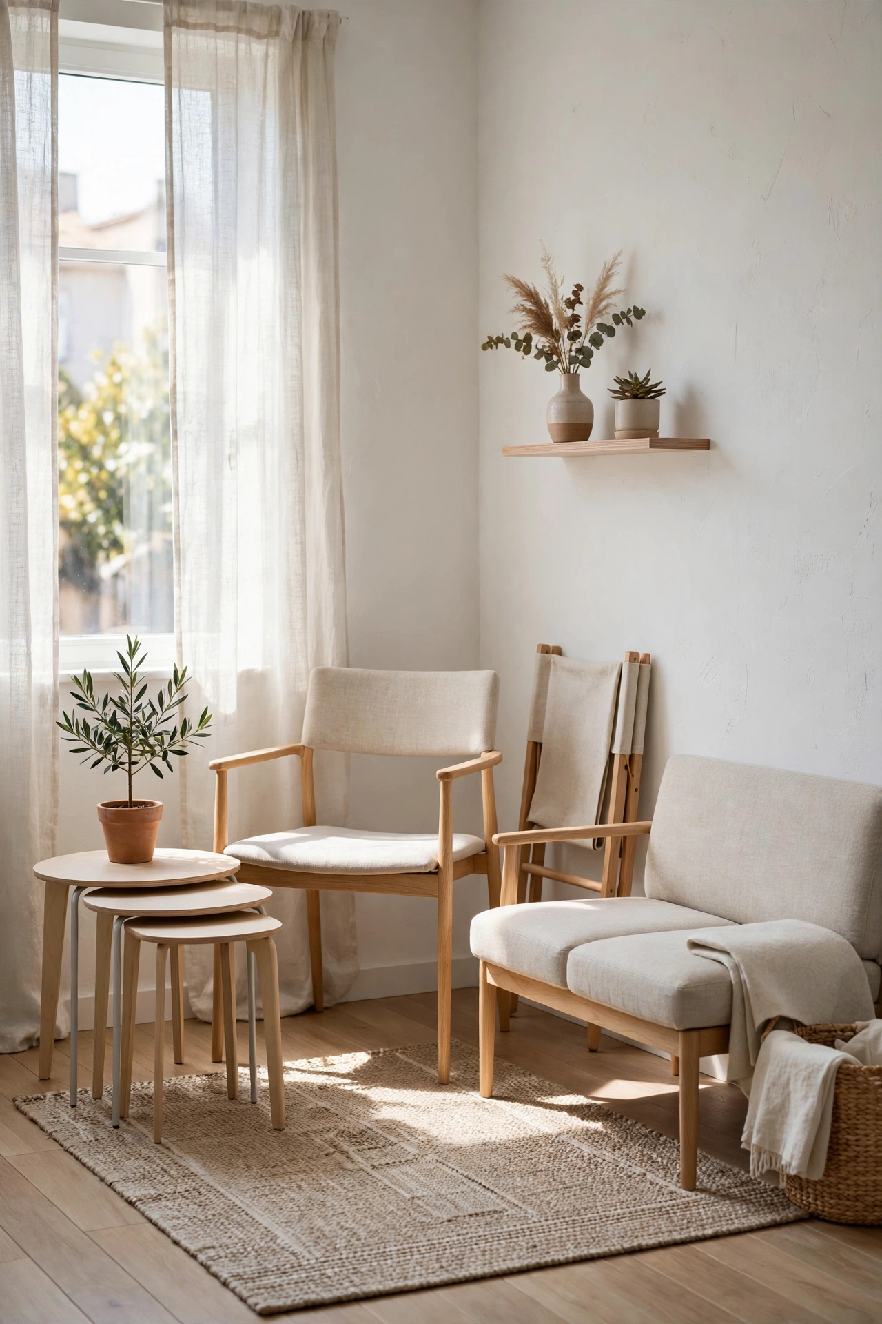 Flexible lightweight furniture replacing bulky pieces in a tiny living room