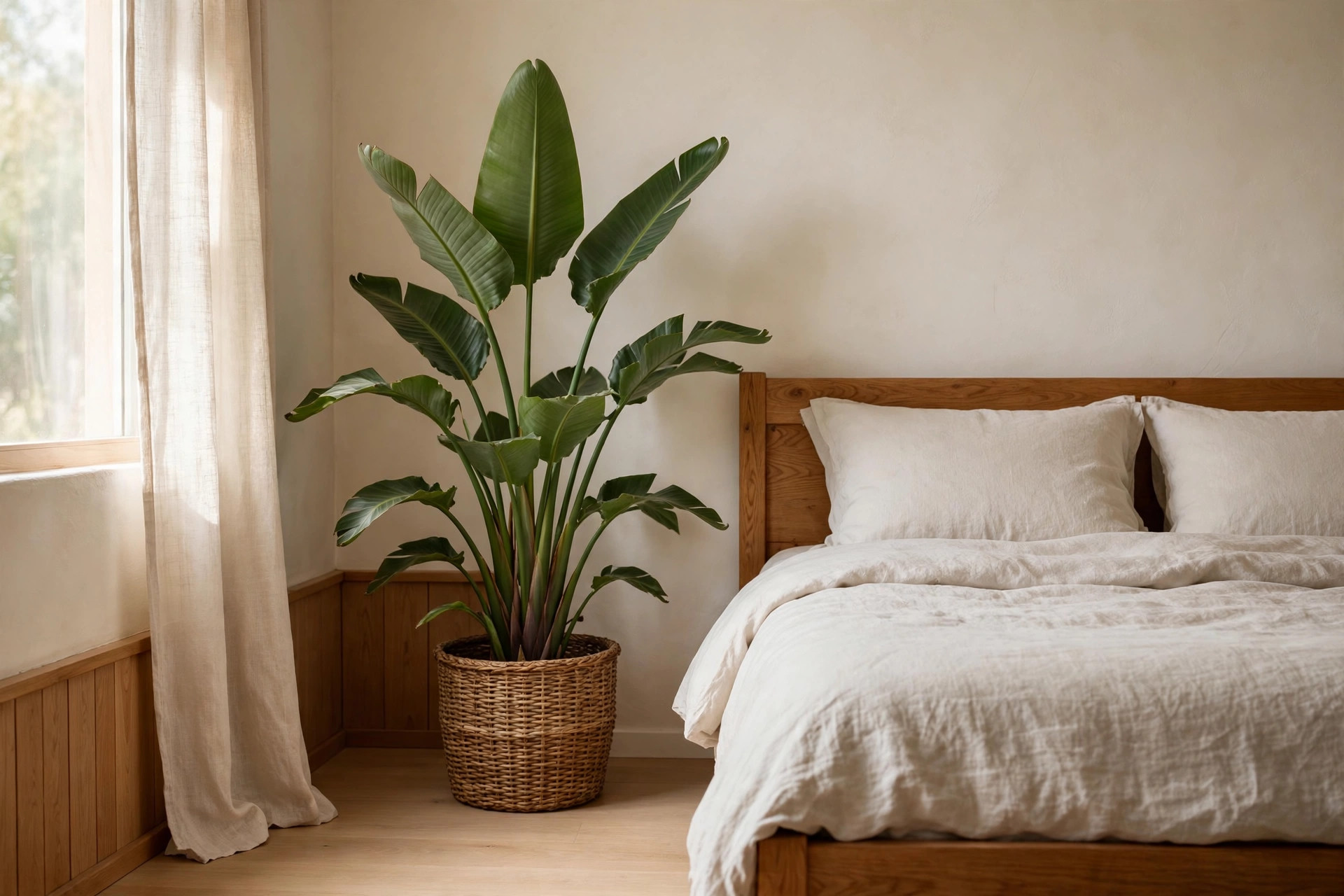 A large statement plant in a woven pot beside a bed in a calm small bedroom