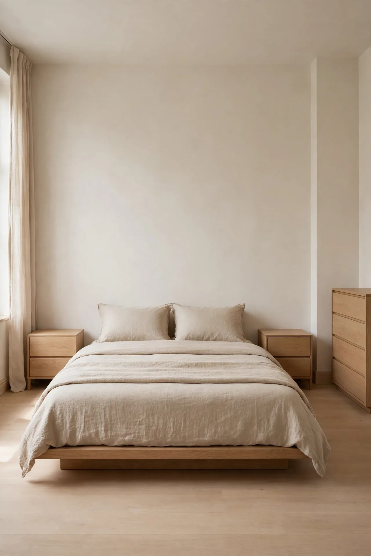 A minimalist bedroom with only the furniture that fits, a low bed, two closed nightstands, and one dresser, in warm neutrals.