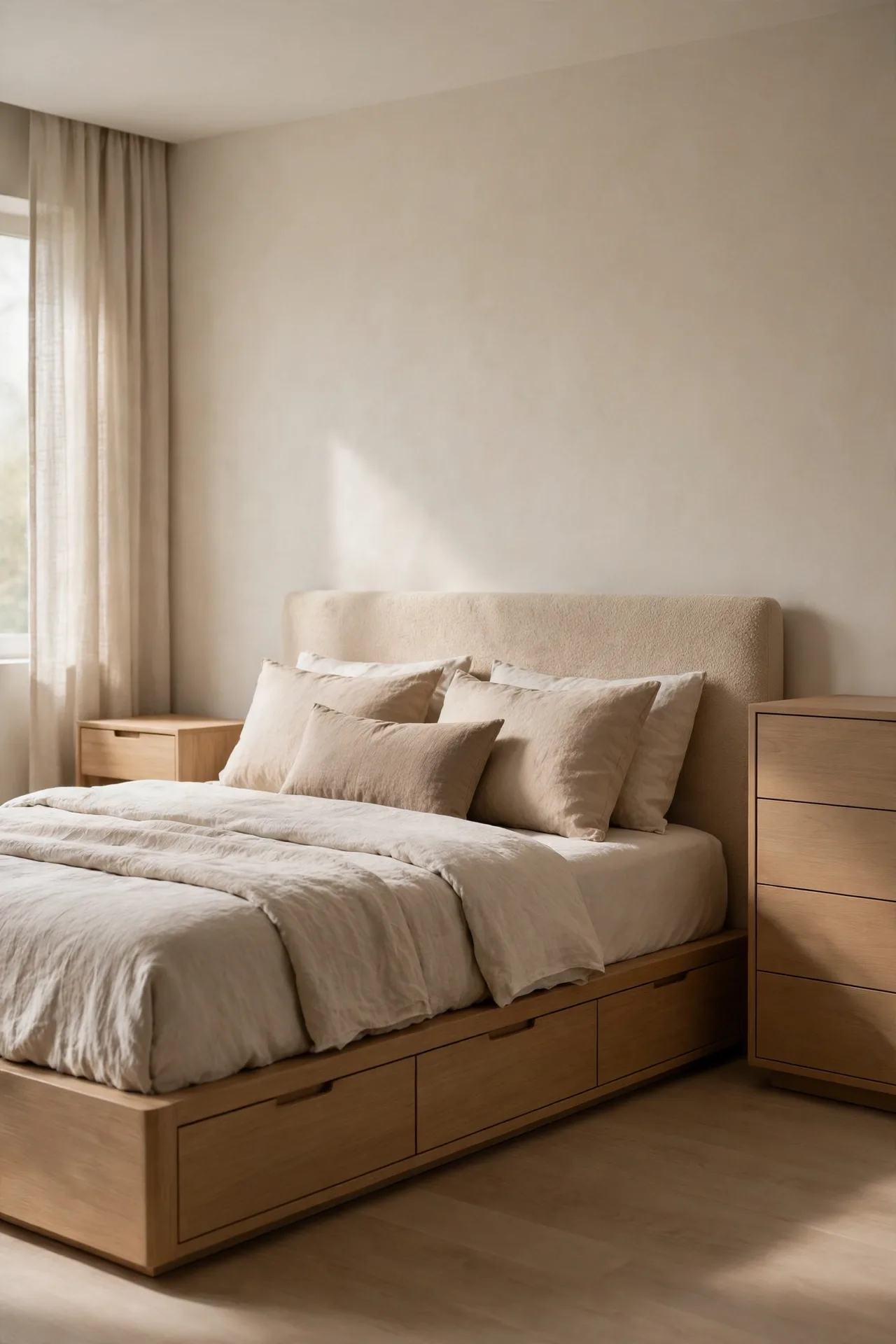 A minimalist bedroom with storage hidden inside furniture, a closed nightstand and under-bed drawers in the bed frame.