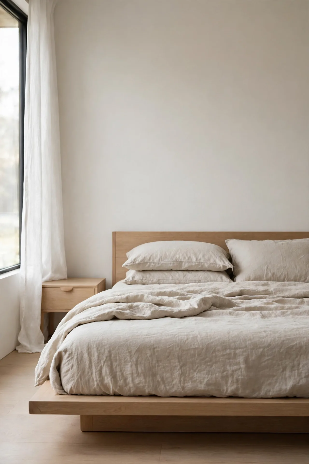 A low-profile bed frame and low headboard in a minimalist bedroom with calm sight lines and light wood.
