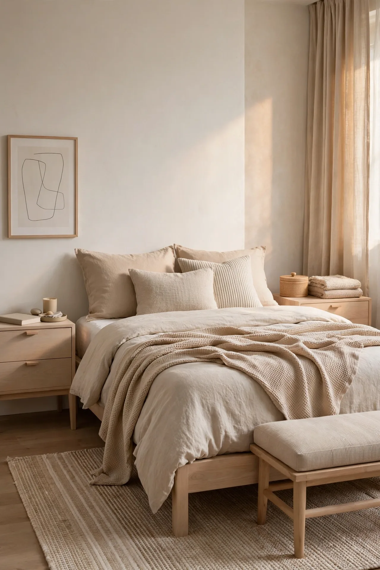 A minimalist bedroom in a warm neutral palette of white, beige, and oatmeal with light wood furniture.