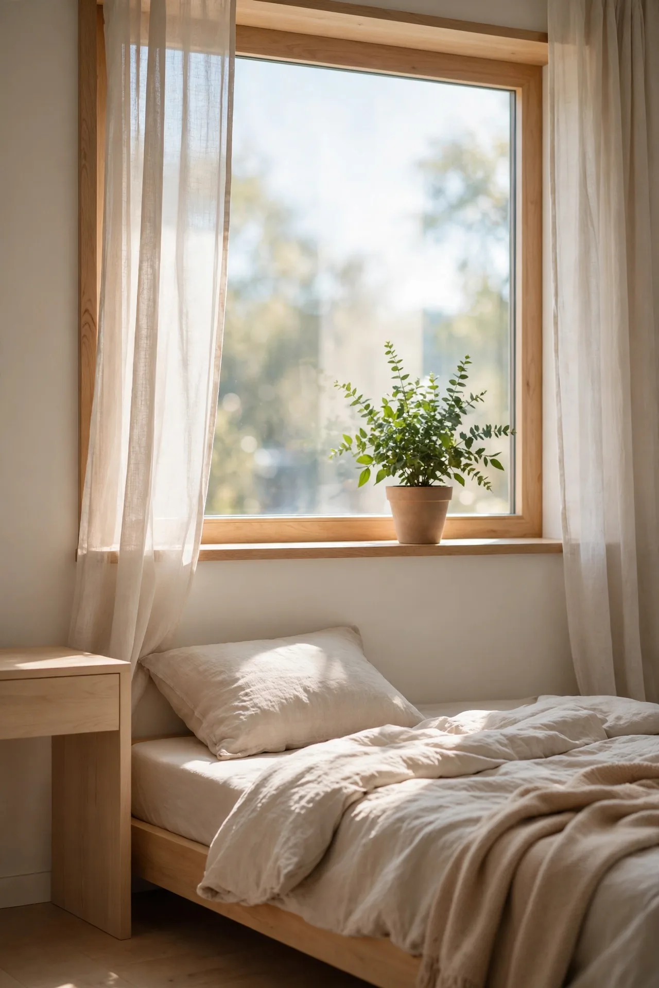One plant as the single green moment in a warm minimalist bedroom, placed in the best light.