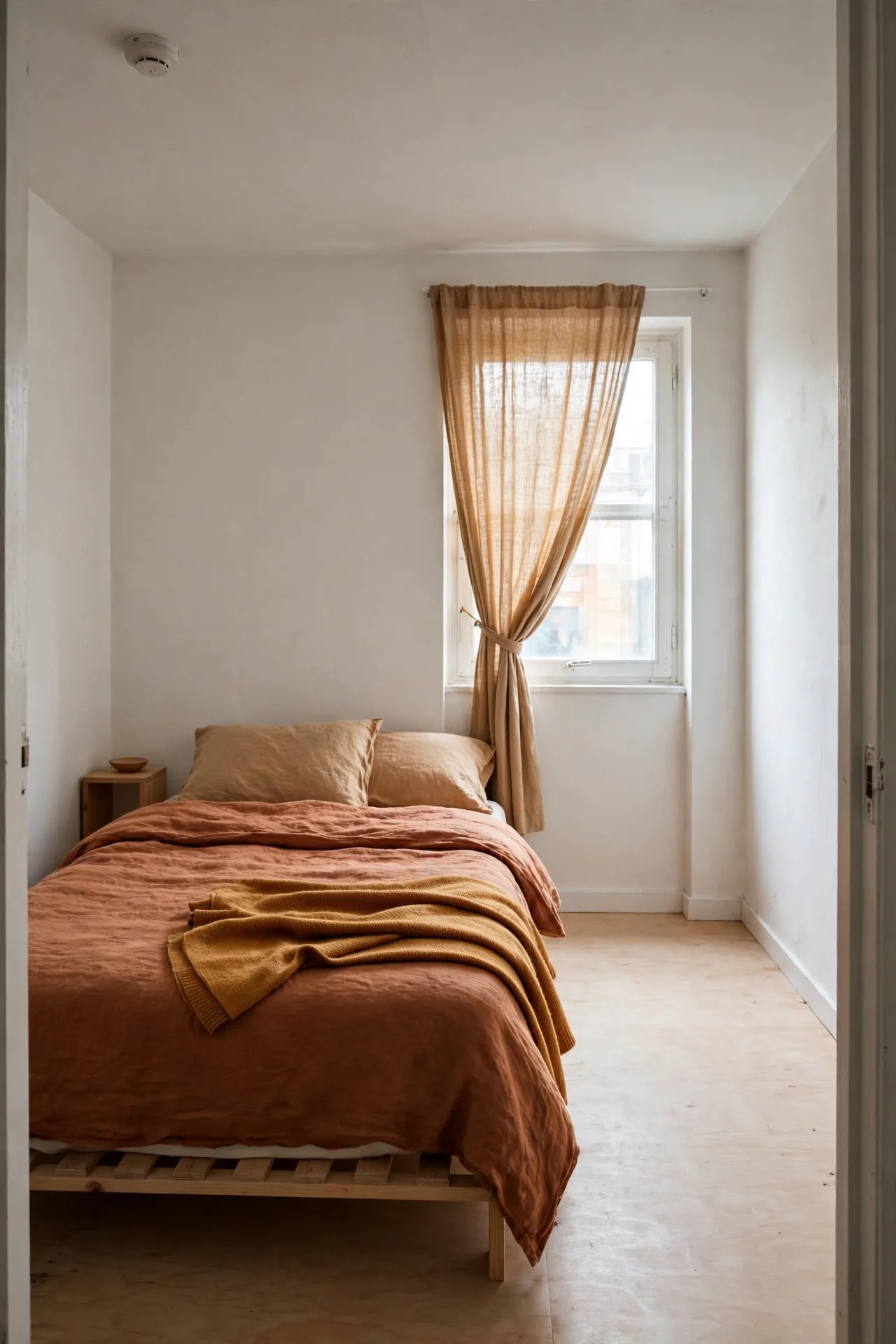 A small rented minimalist bedroom after a no-buy edit, fewer pieces, clear floor, nothing permanent changed.