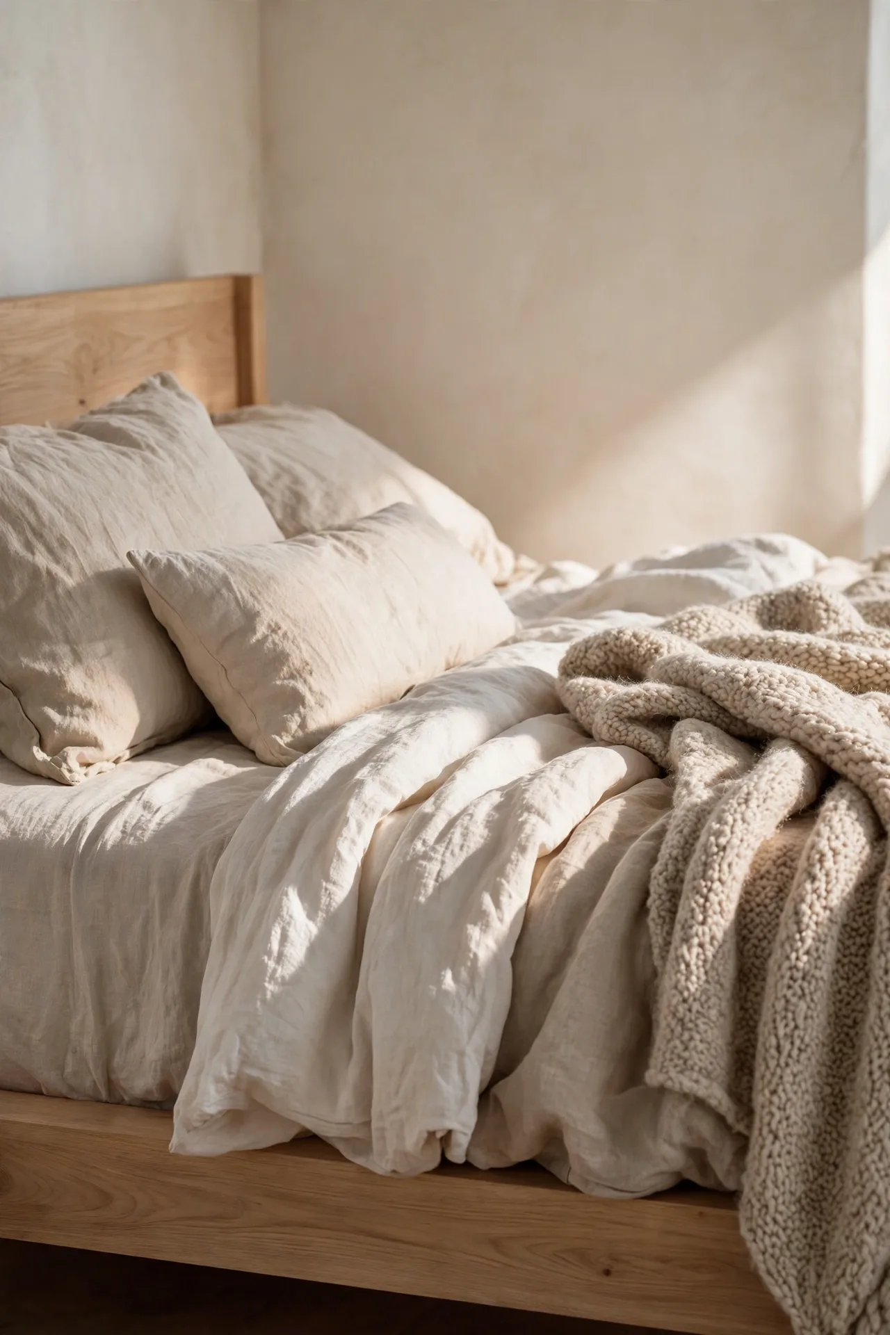 Layered linen and wool textures on a minimalist bedroom bed instead of extra decor objects.