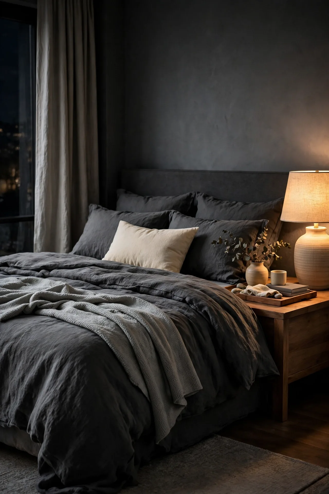 A moody bedroom in charcoal and soft grey with warm bedside light and layered dark bedding.