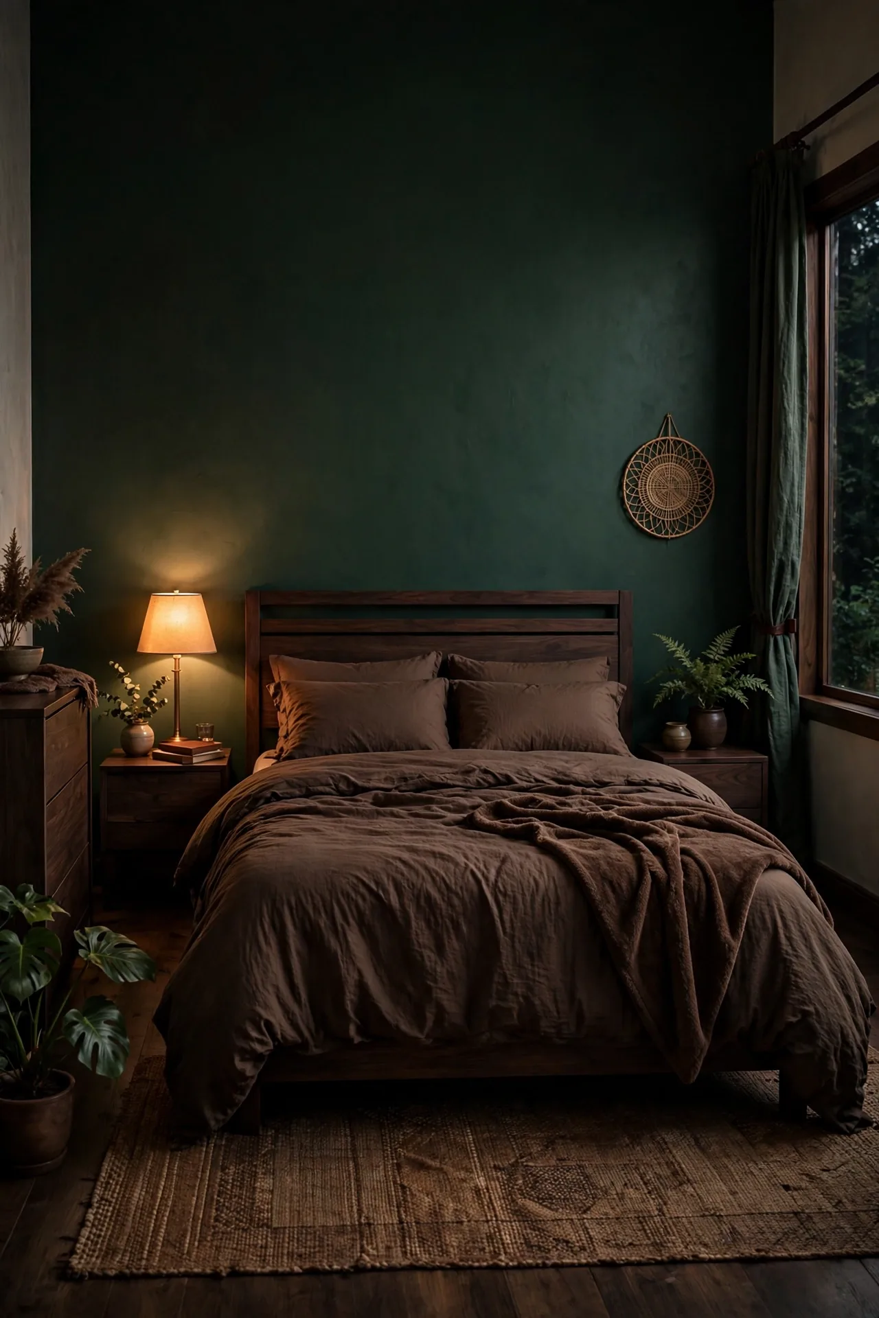 A moody bedroom in deep forest green and warm brown with dark wood, brown bedding, and warm low light.