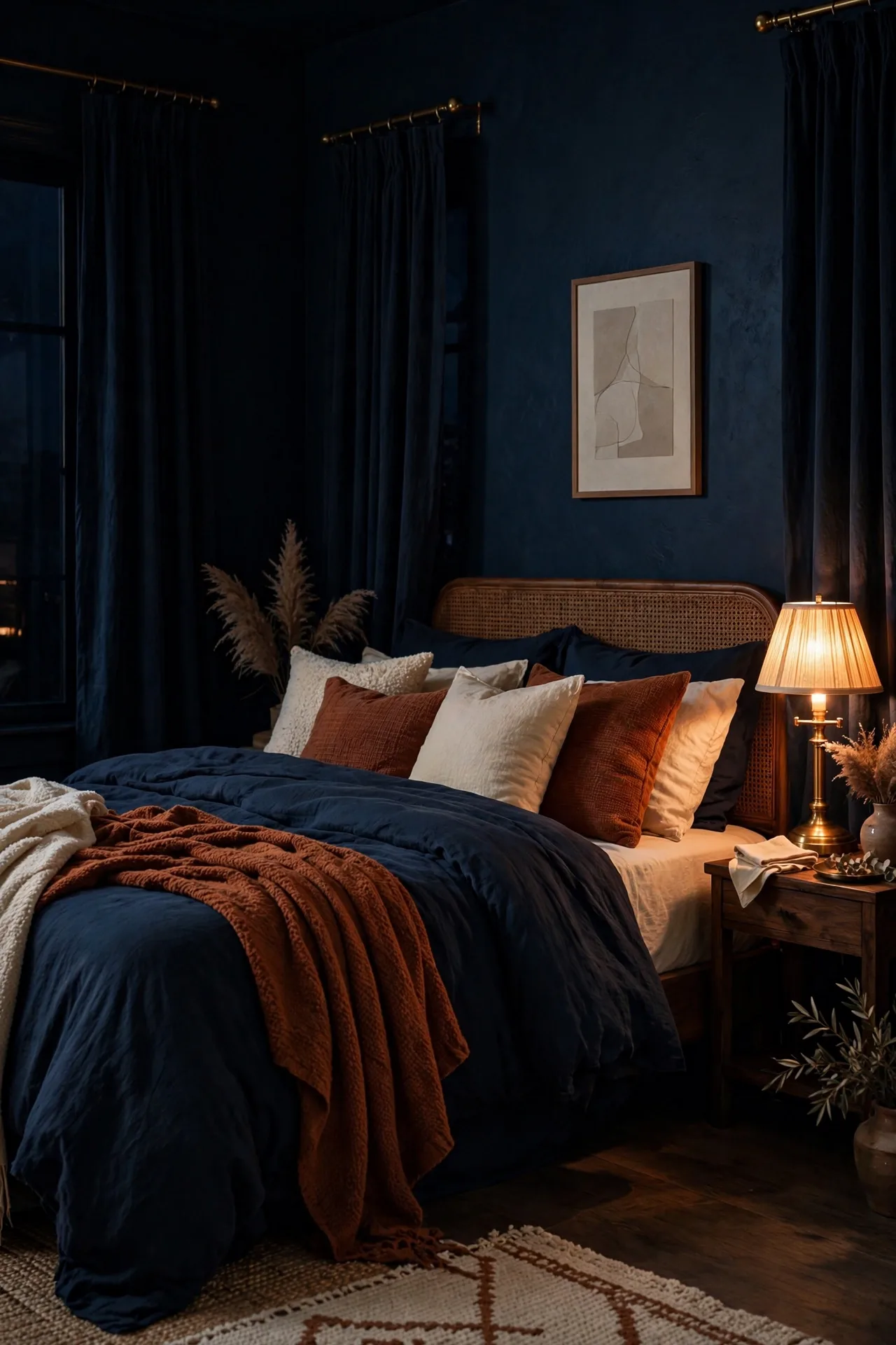 A romantic moody bedroom in inky navy with warm amber light, dark bedding, and soft layered textiles.