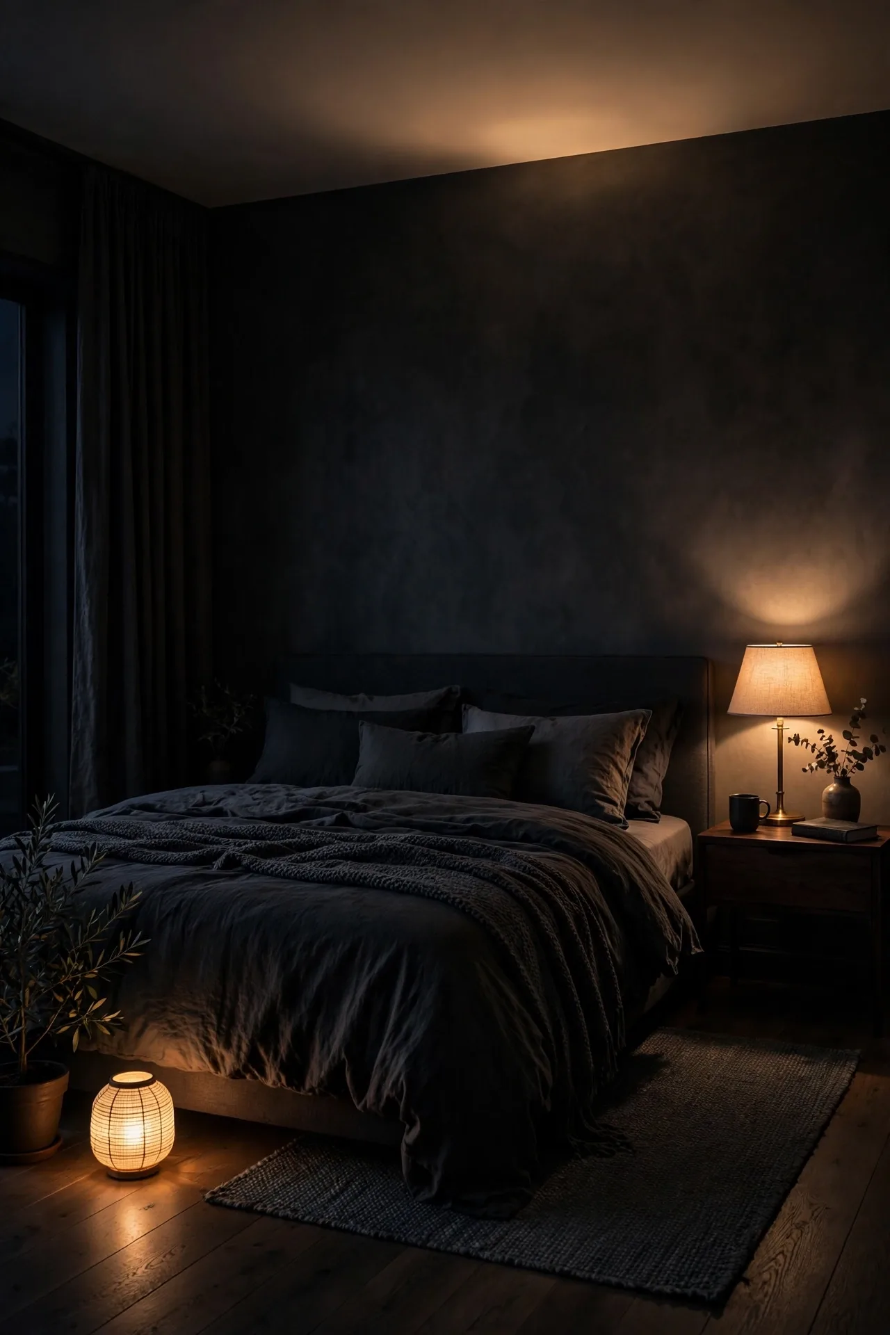 A dark moody bedroom with warm light at three heights, a low table lamp, a bedside lamp, and soft overhead glow.