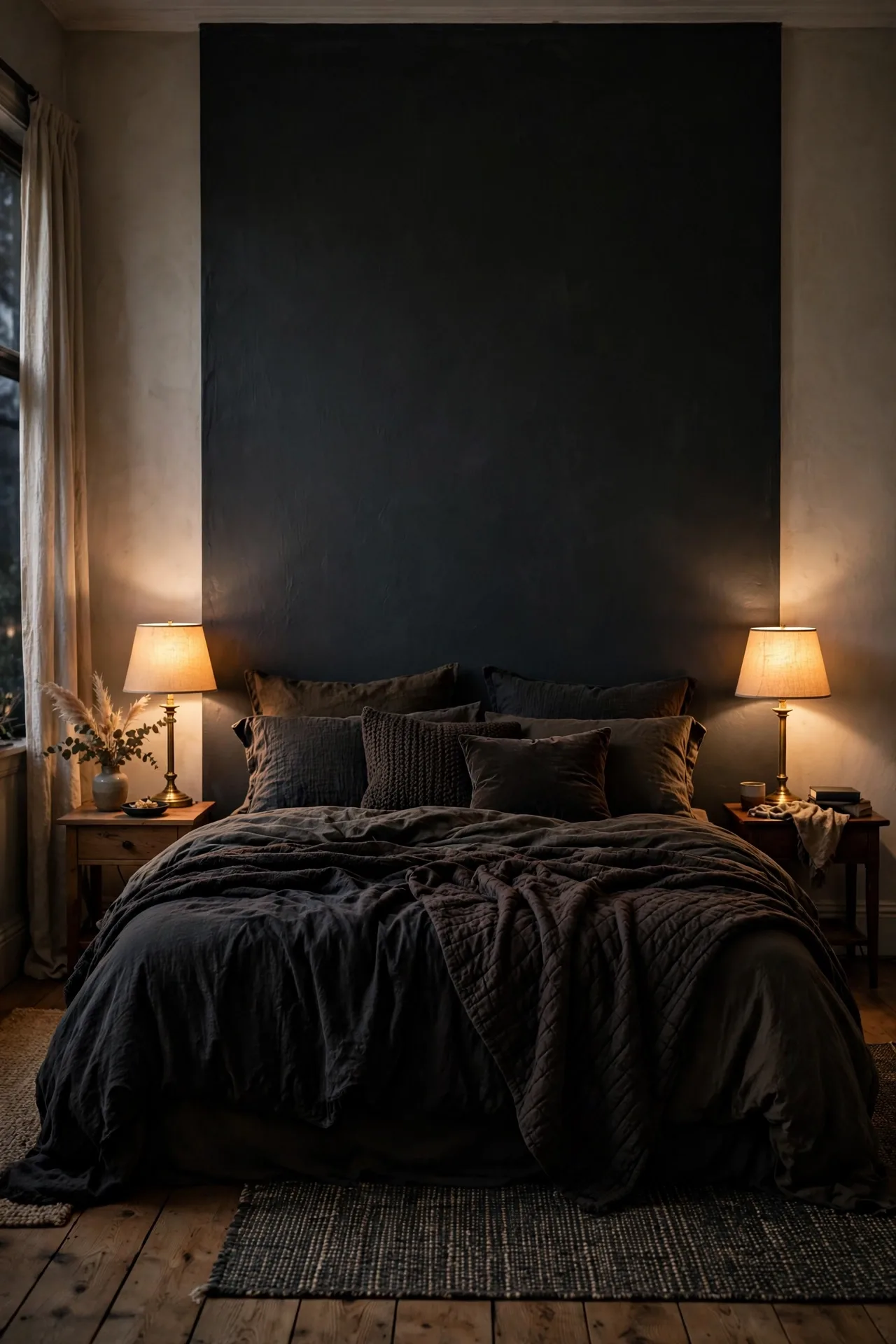 A moody bedroom with one deep painted wall behind the bed, lighter side walls, and warm layered bedding.