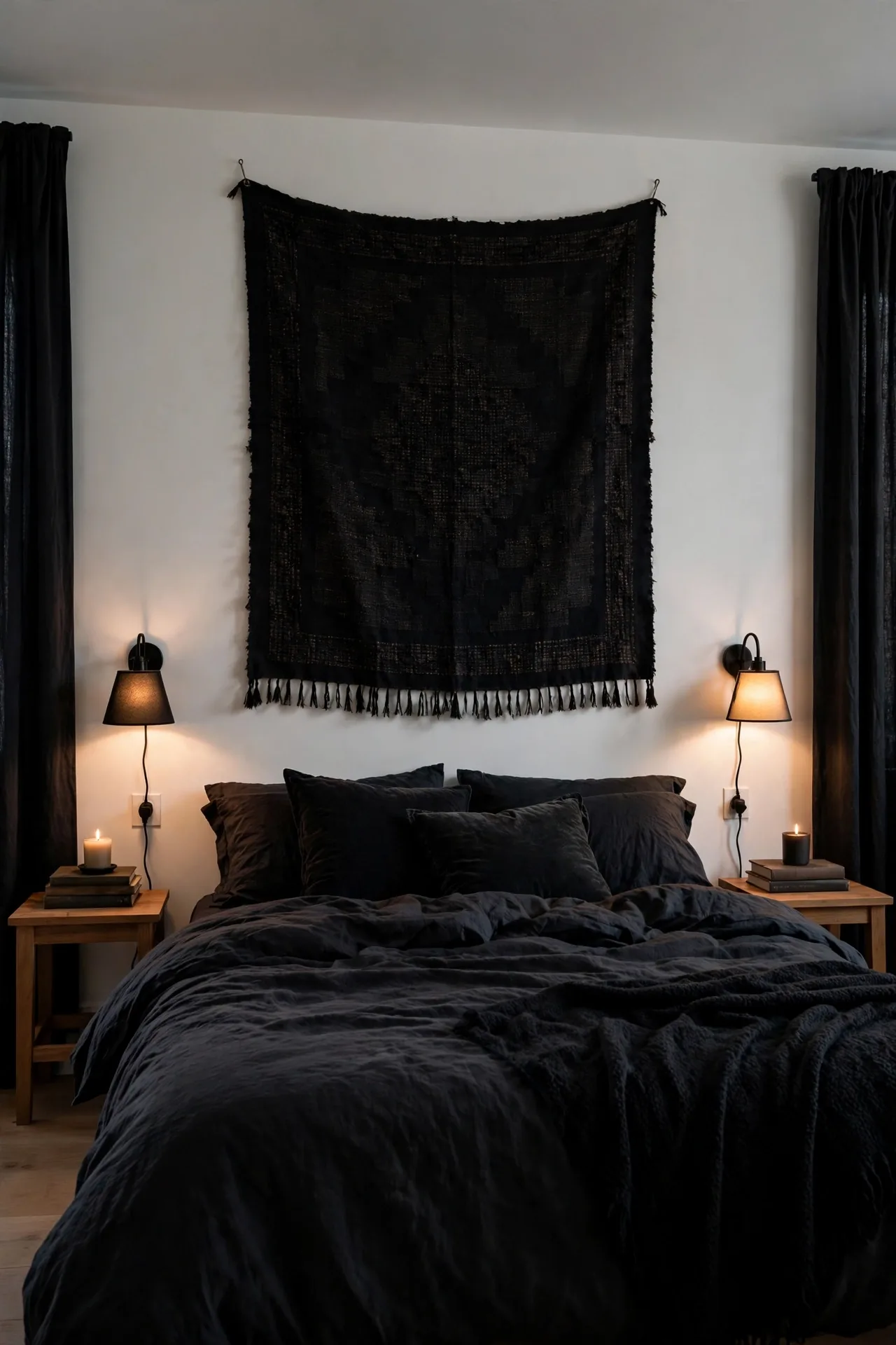 A renter moody bedroom with white walls, dark removable bedding and curtains, plug-in warm lamps, and no drills or paint.