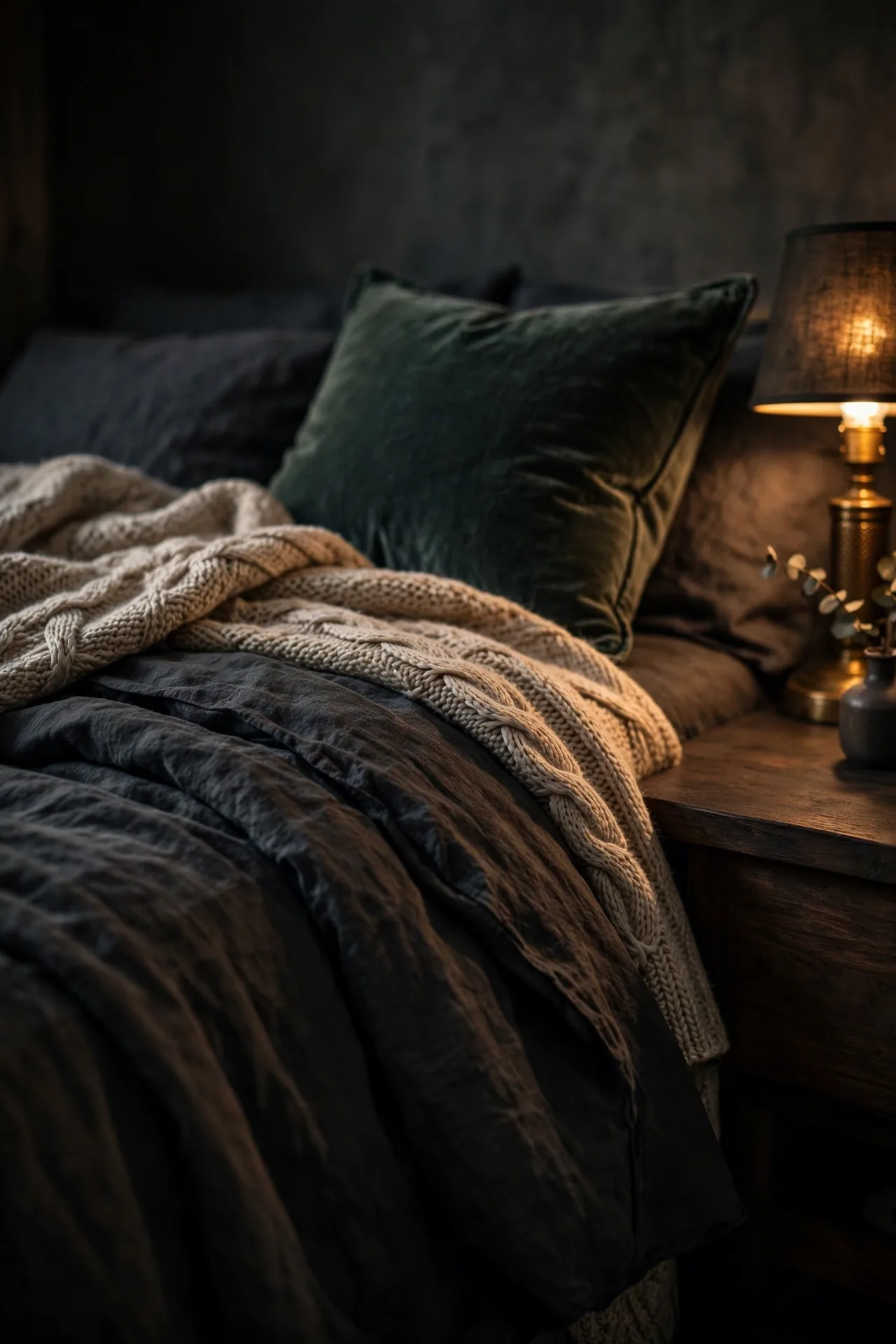 Close layered textures in a moody bedroom, matte linen, a knit throw, velvet cushion, and dark wood in warm light.