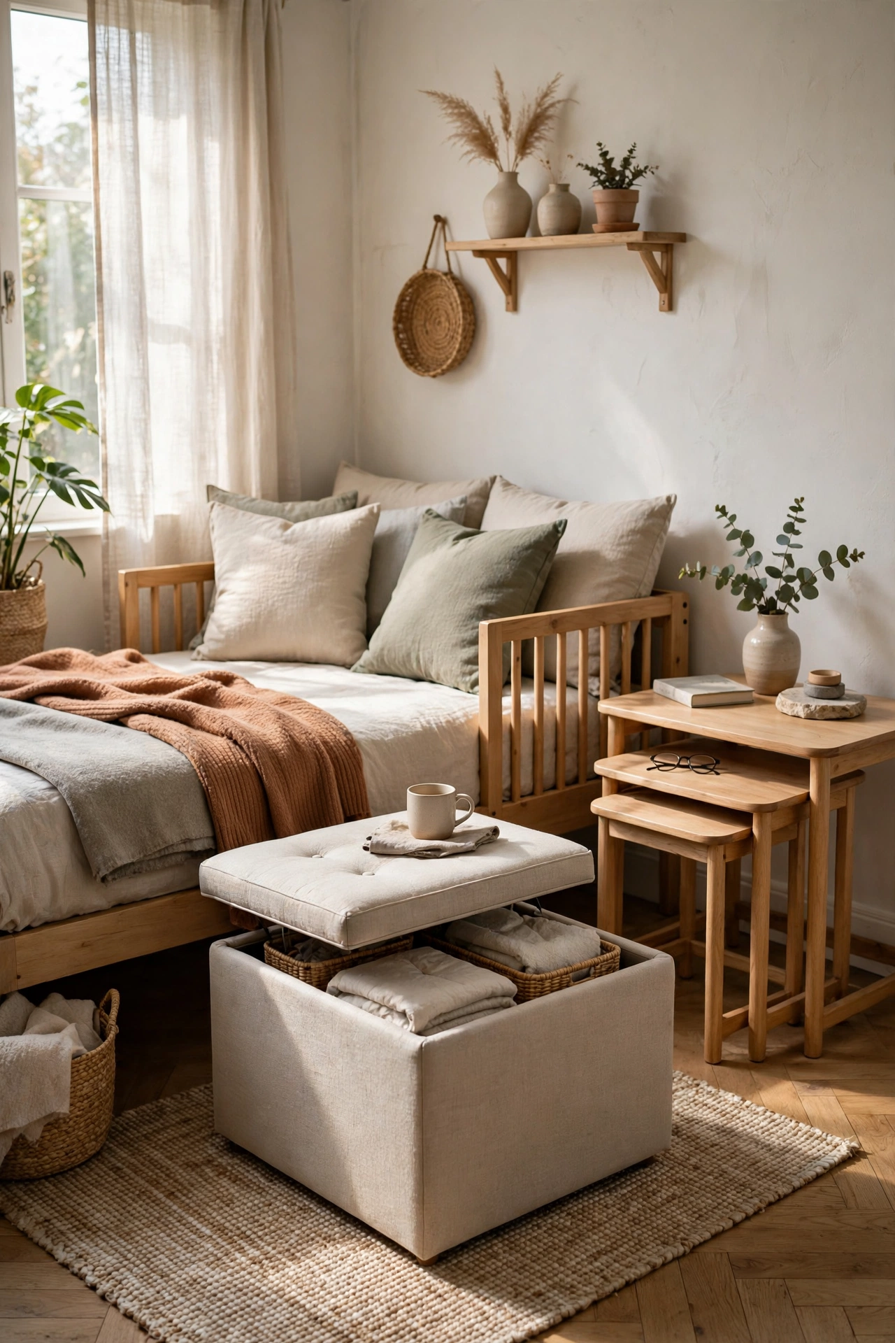 Multi-functional furniture in a tiny living room, a storage ottoman and nesting side tables