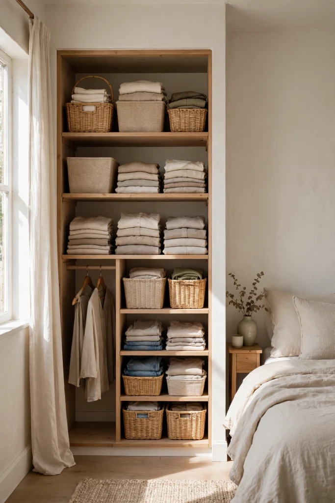 Open closet storage with matching neutral bins and a simple, calm color palette