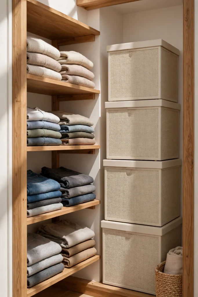 Small closet comparing open shelves with folded clothes and closed lidded storage boxes