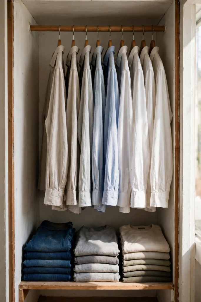 Tidied small closet organized without buying anything, clothes rehung and stacks straightened