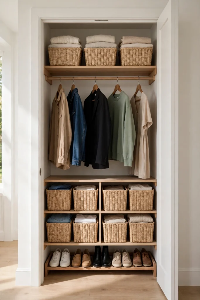 Finished small reach-in closet with hanging clothes, shelf bins, and a shoe rack