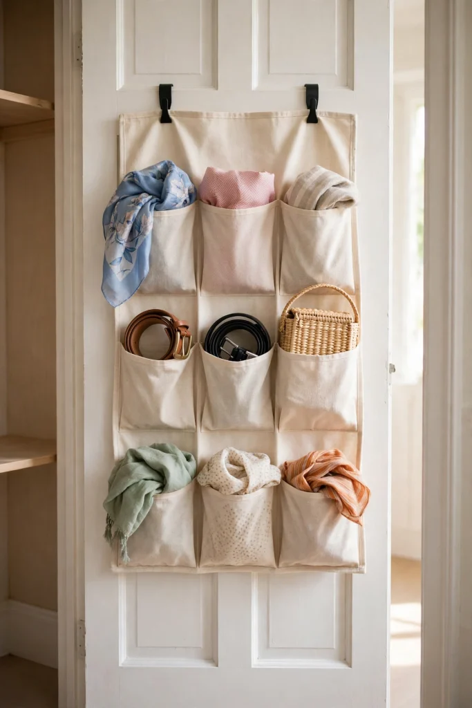 Over-the-door organizer on a small closet door holding scarves, belts, and a small bag