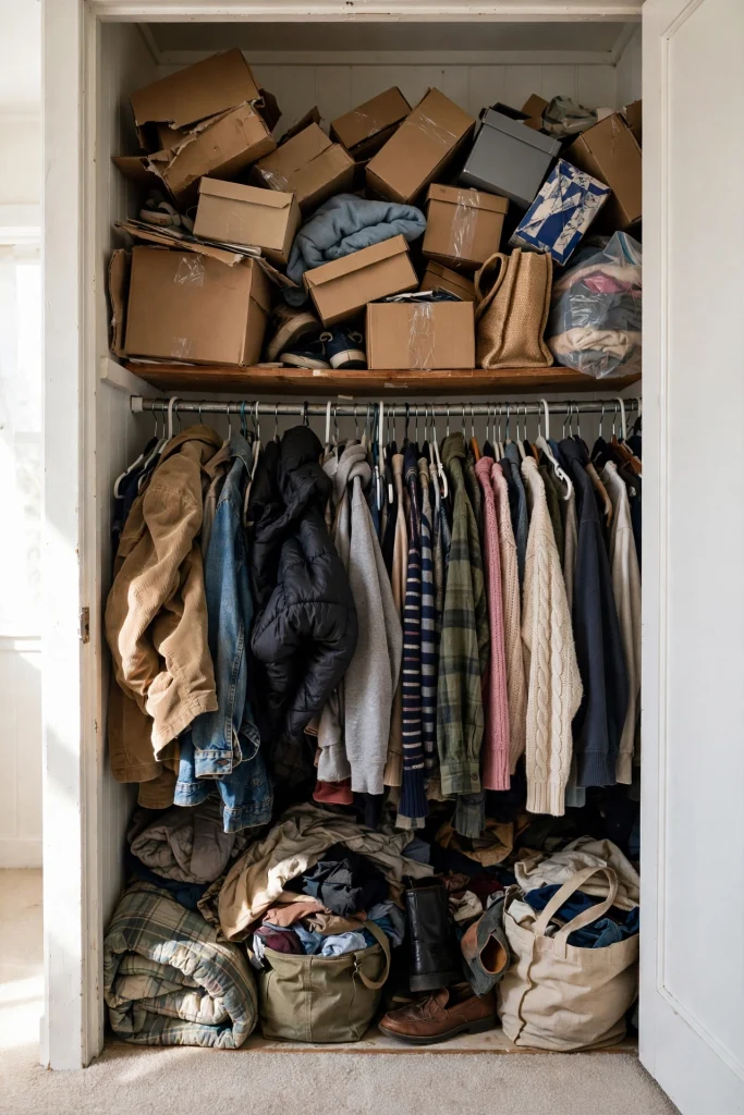 Overstuffed small closet with clothes crammed on one rod, showing why a small closet feels too small