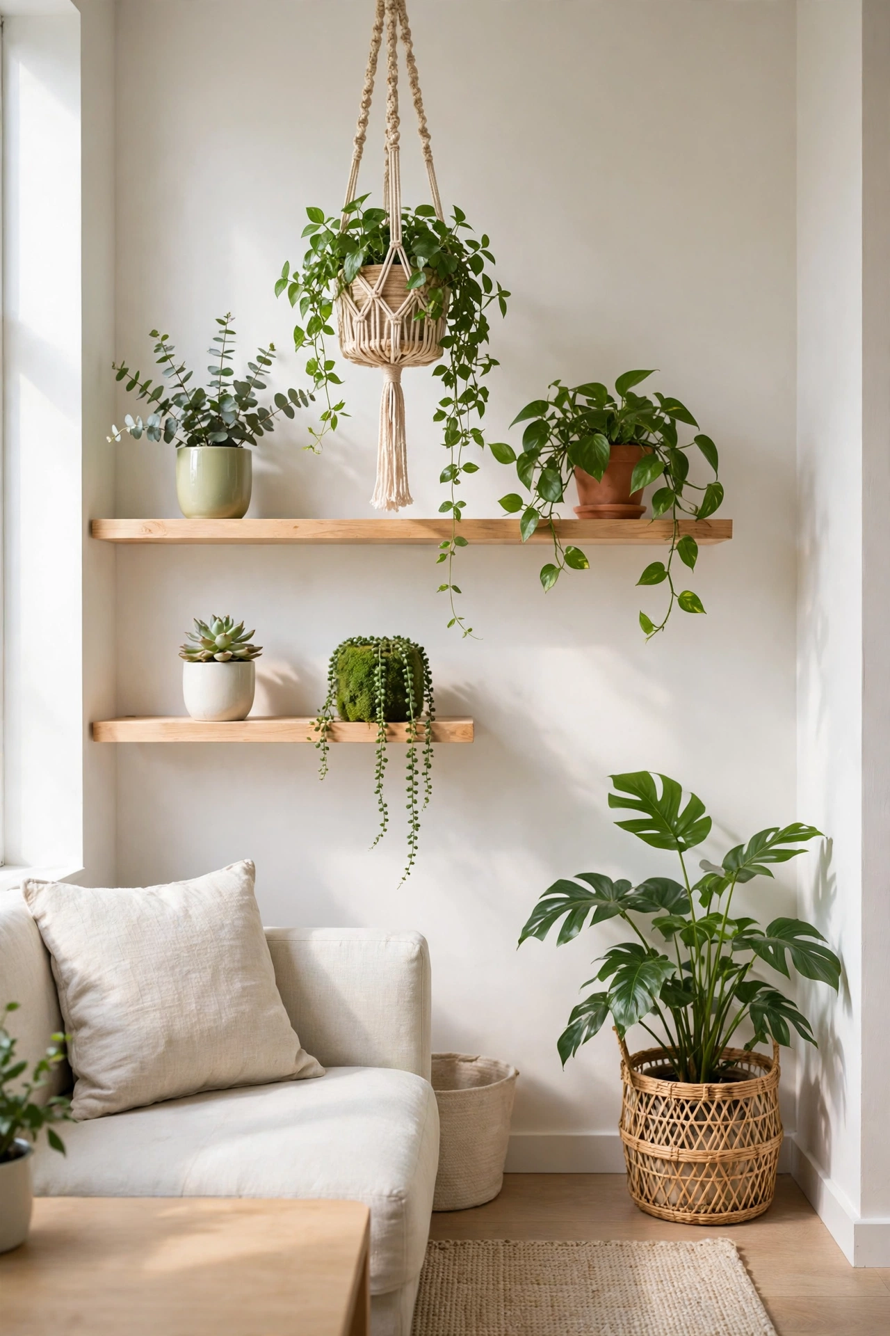 Plants placed on shelves and in corners of a tiny living room without overcrowding