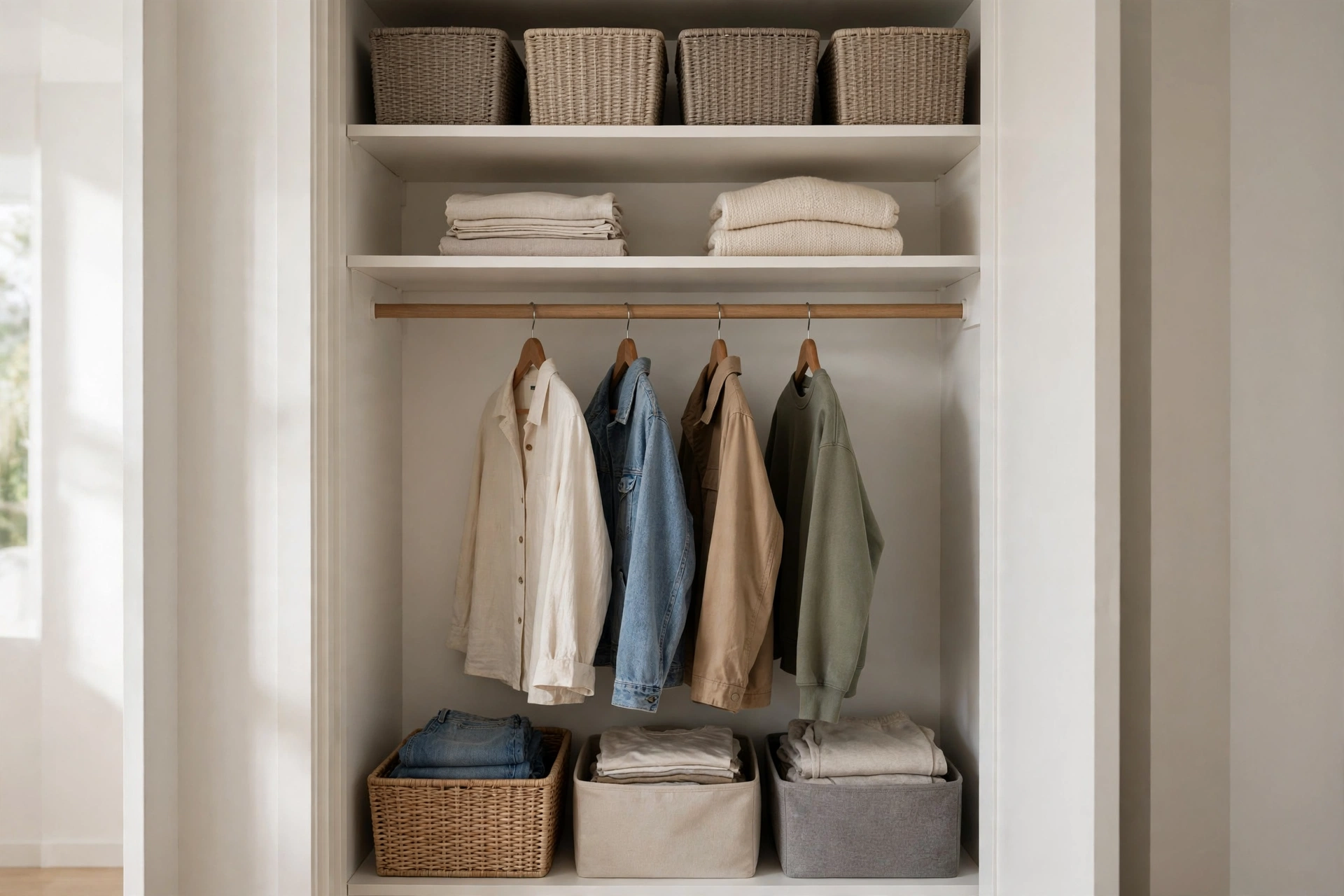 An organized small bedroom closet with shelves, hanging clothes, and bins using vertical space.