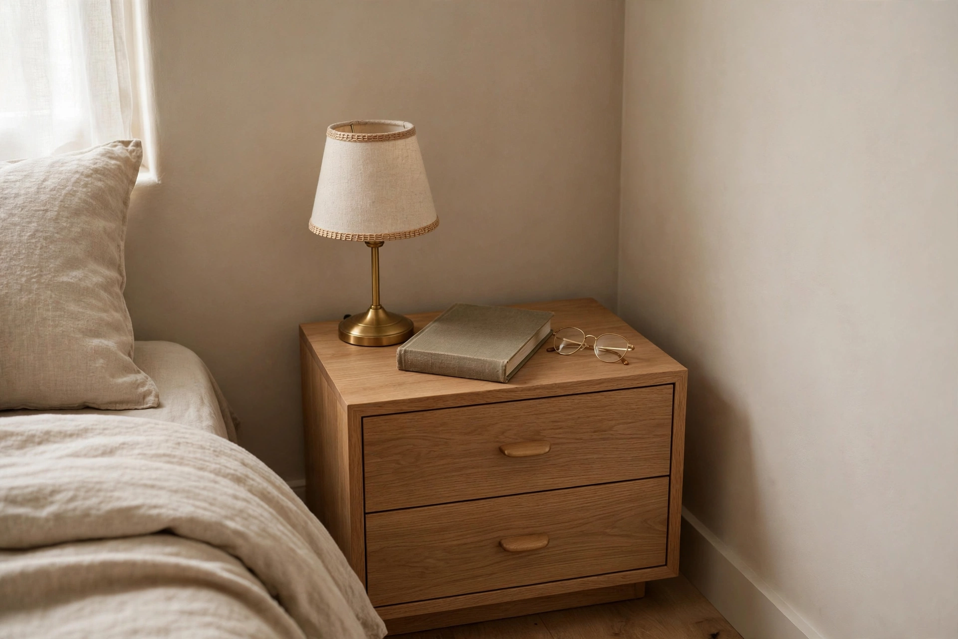 A compact bedroom nightstand with drawers holding books, glasses, and a lamp, with a clear top.