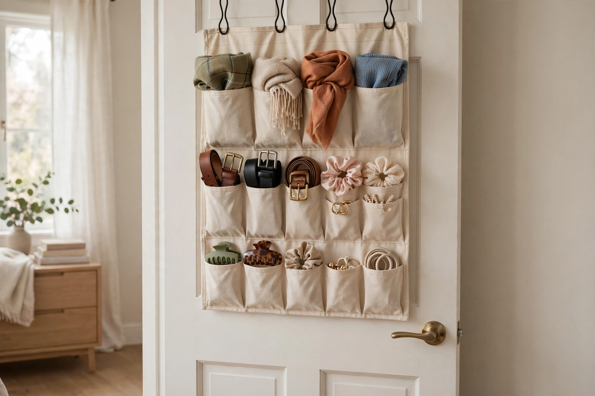 A bedroom door with shallow over-door storage holding scarves, belts, and small accessories.