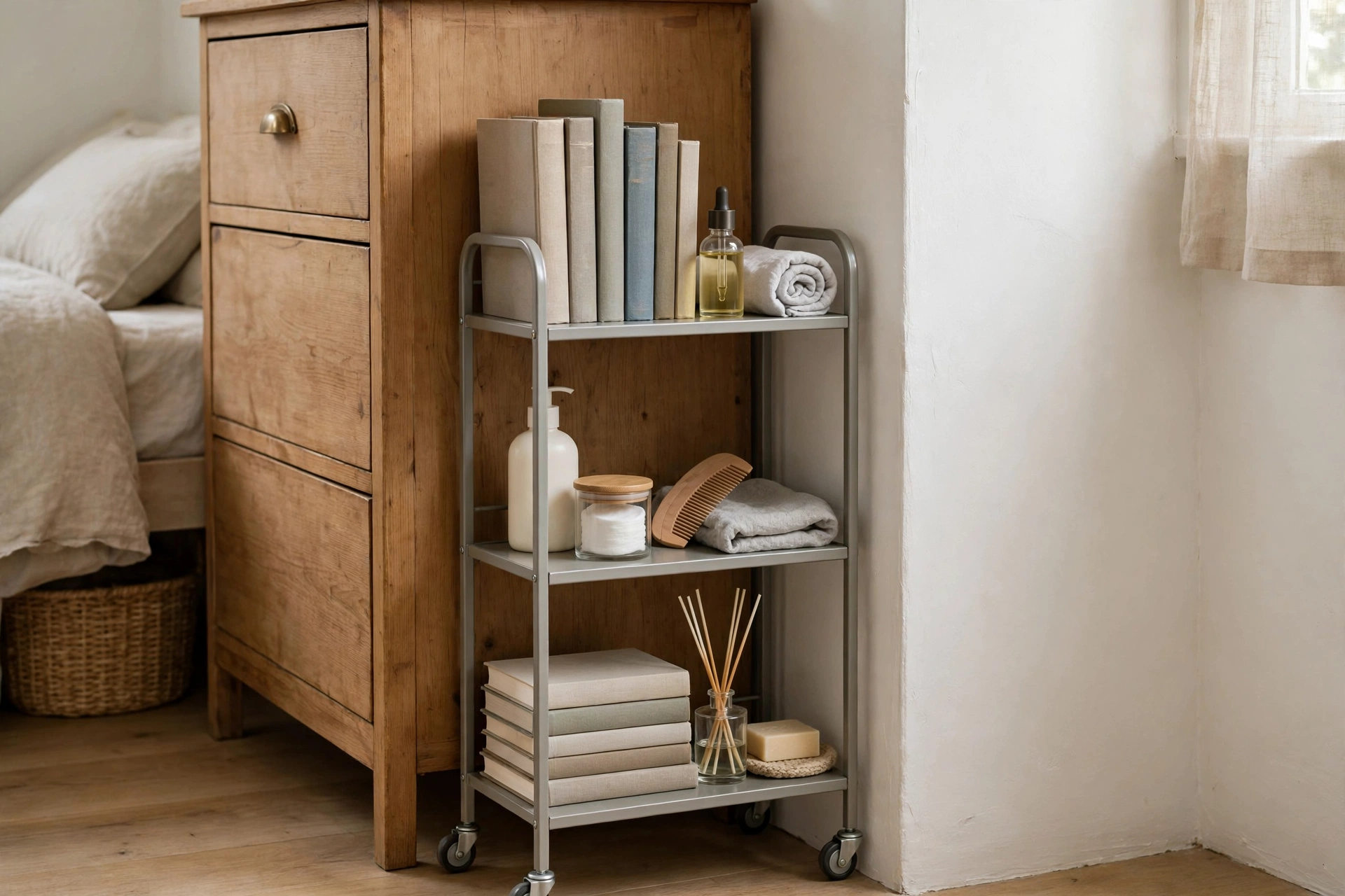 A slim rolling cart with books and toiletries fitted in the narrow gap beside a dresser in a small bedroom.