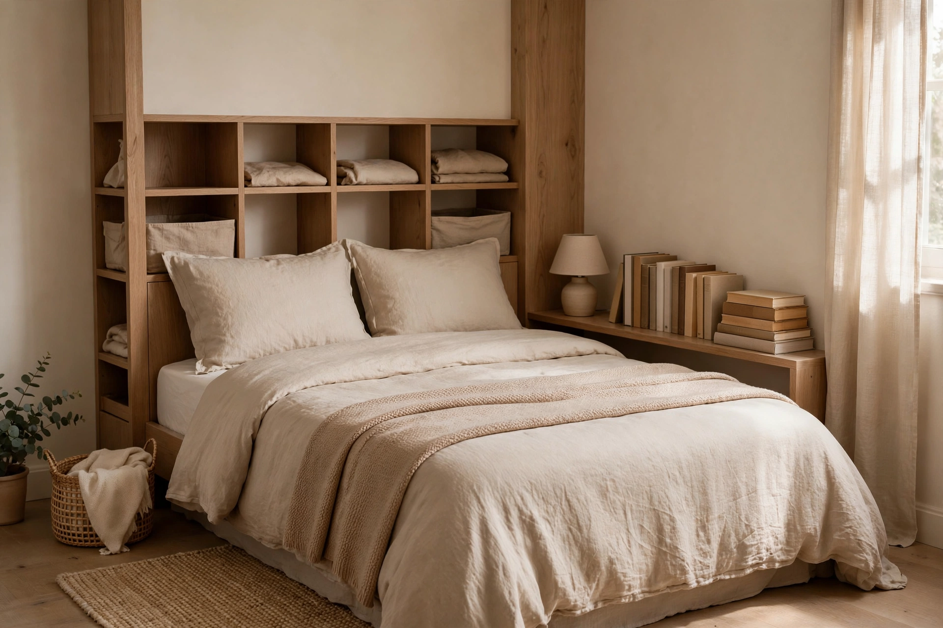 A small bedroom with a storage headboard and shallow shelves holding books and a lamp beside the bed.