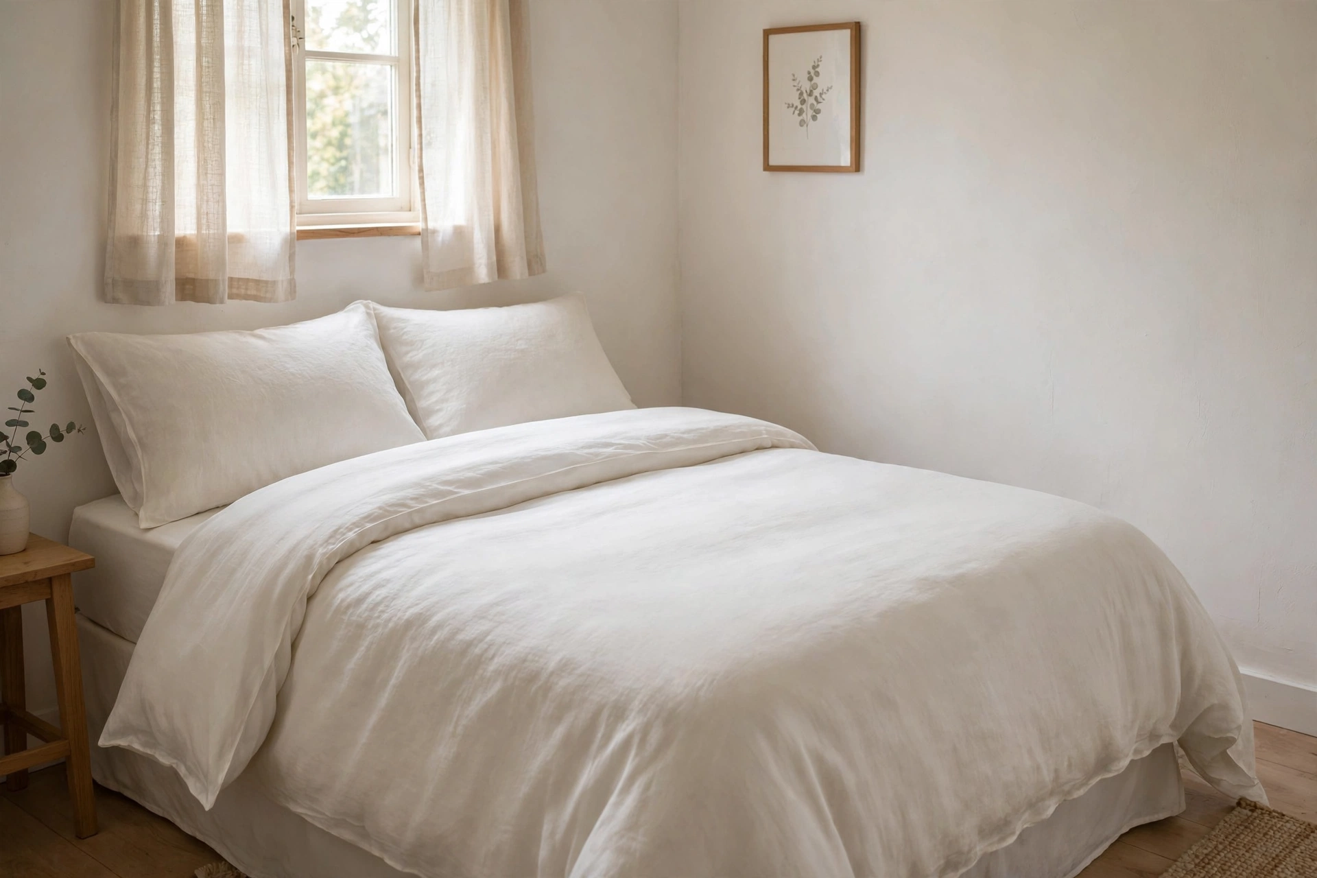 A made bed with clear bedding and no clothes or bags on it in a small bedroom.