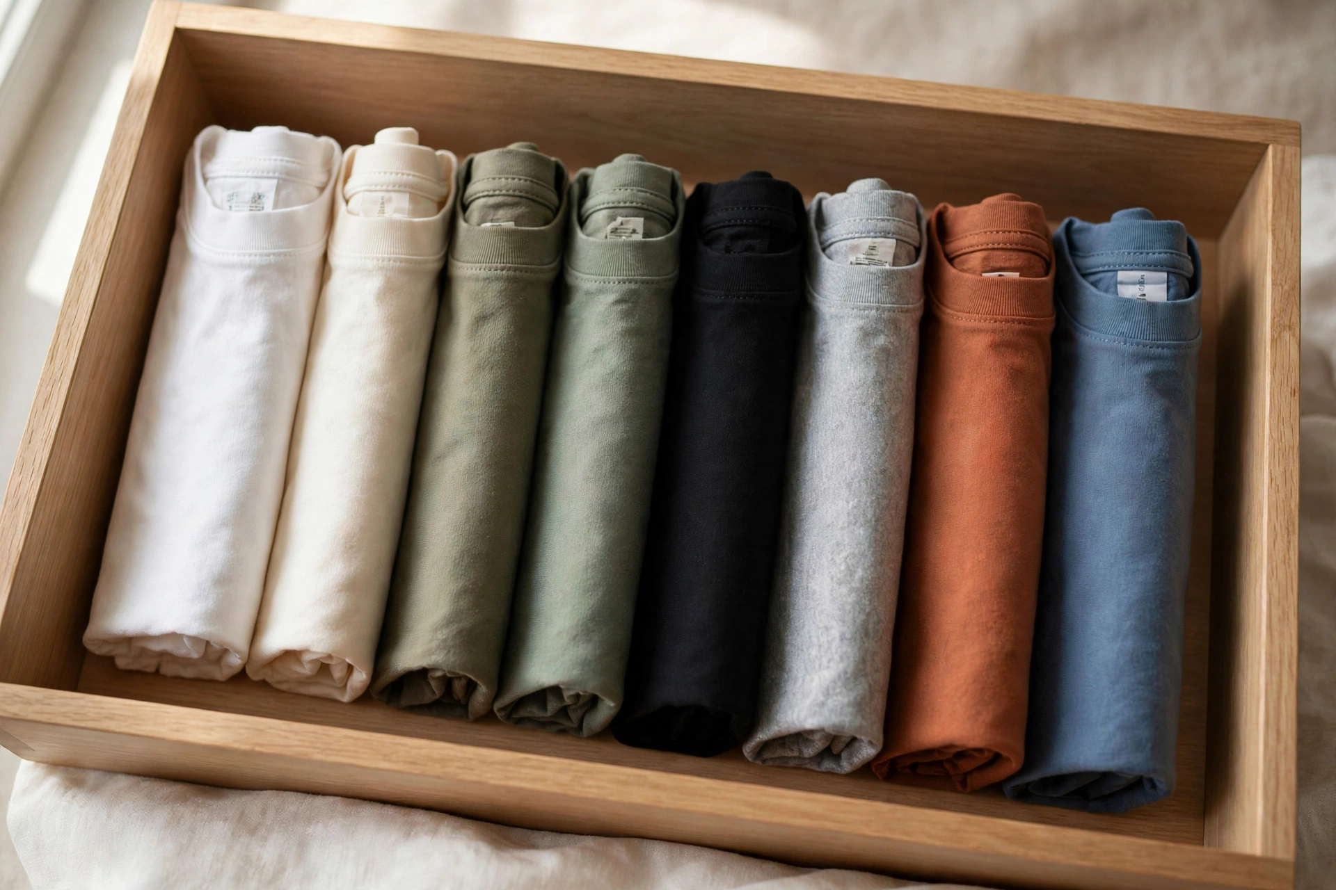 A drawer with file-folded T-shirts standing upright so each shirt is visible.