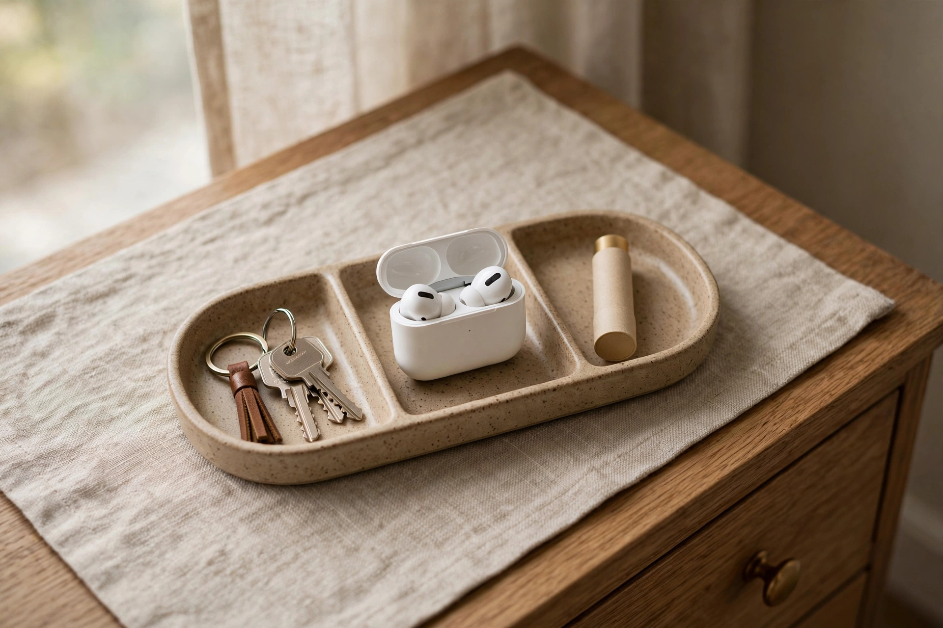A small tray on a dresser holding keys, earbuds, and lip balm in separate micro-zones.