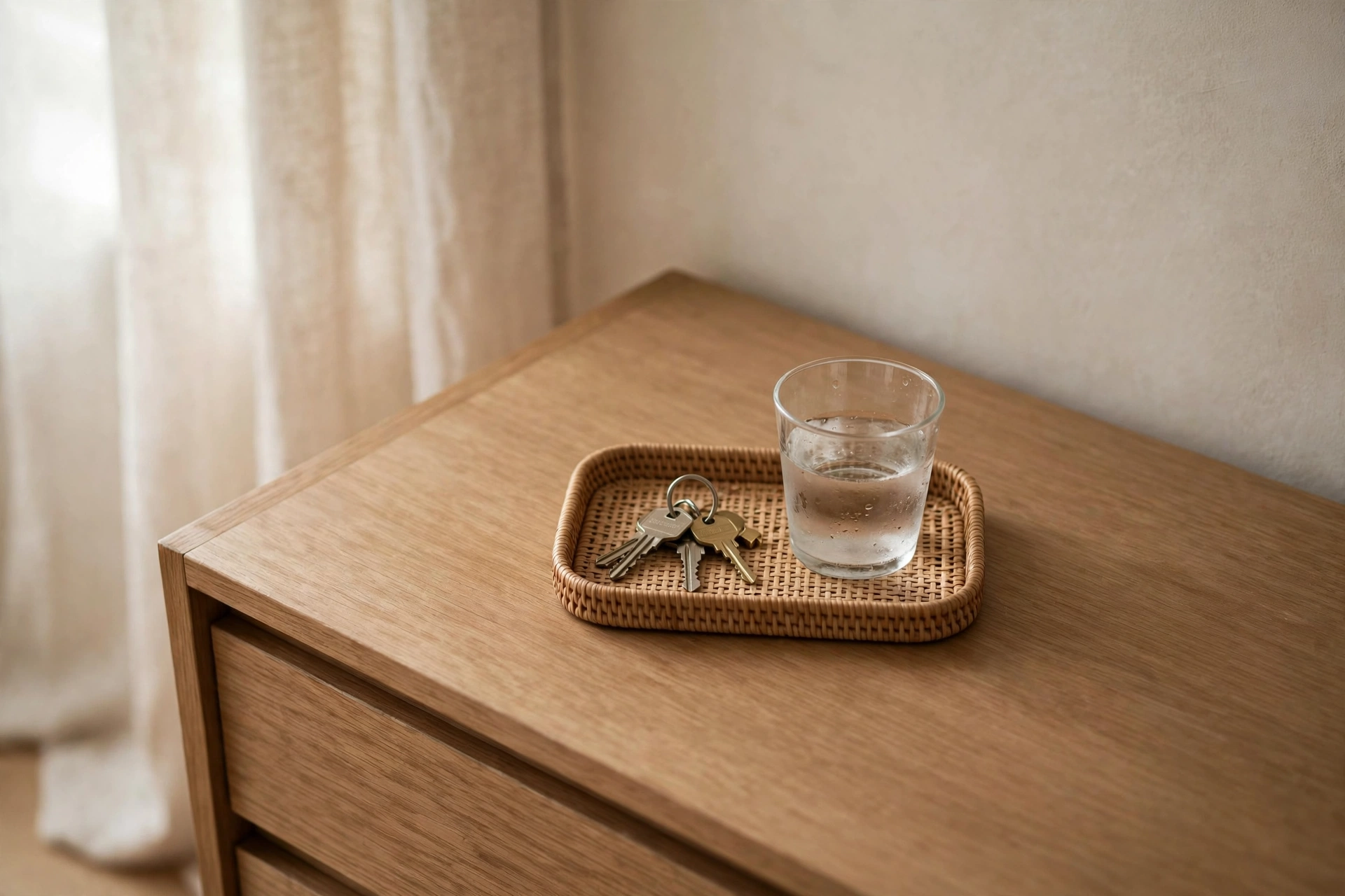 A dresser top kept intentionally clear with one tray holding keys and a water glass in a small bedroom.