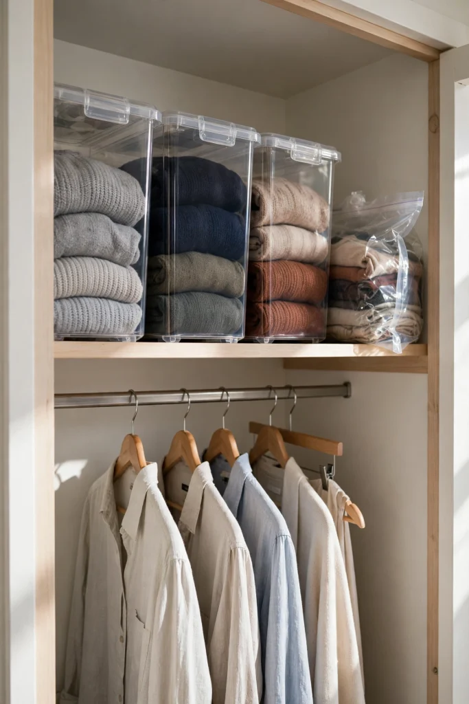 Off-season clothes in clear bins and a vacuum bag on a high shelf of a small closet