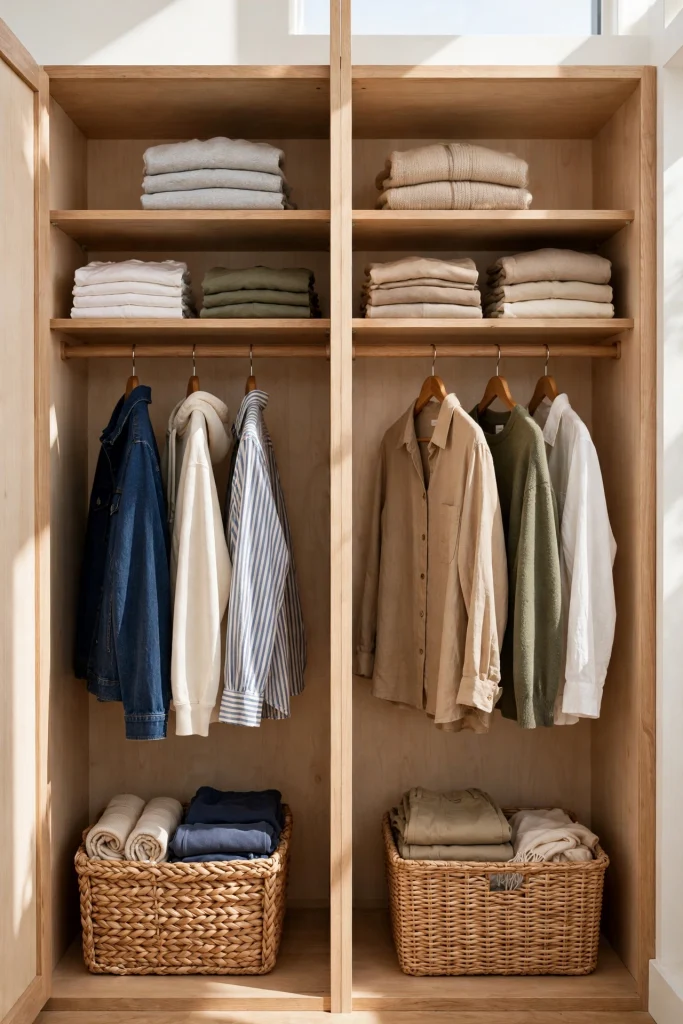 Shared small closet split into two clear halves with hanging clothes and a basket for each person