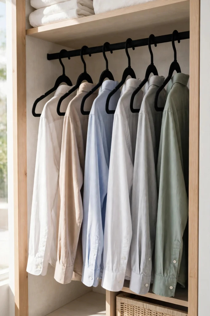 Slim velvet hangers holding shirts evenly spaced in a small closet