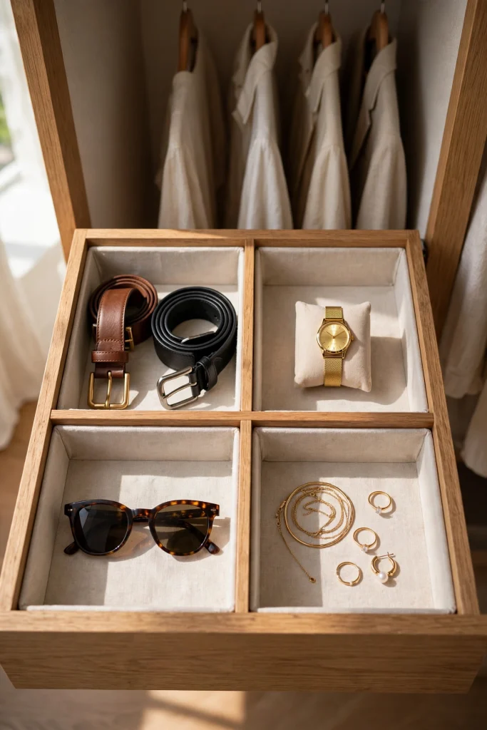 Divided drawer in a small closet with belts, watches, and sunglasses in separate compartments