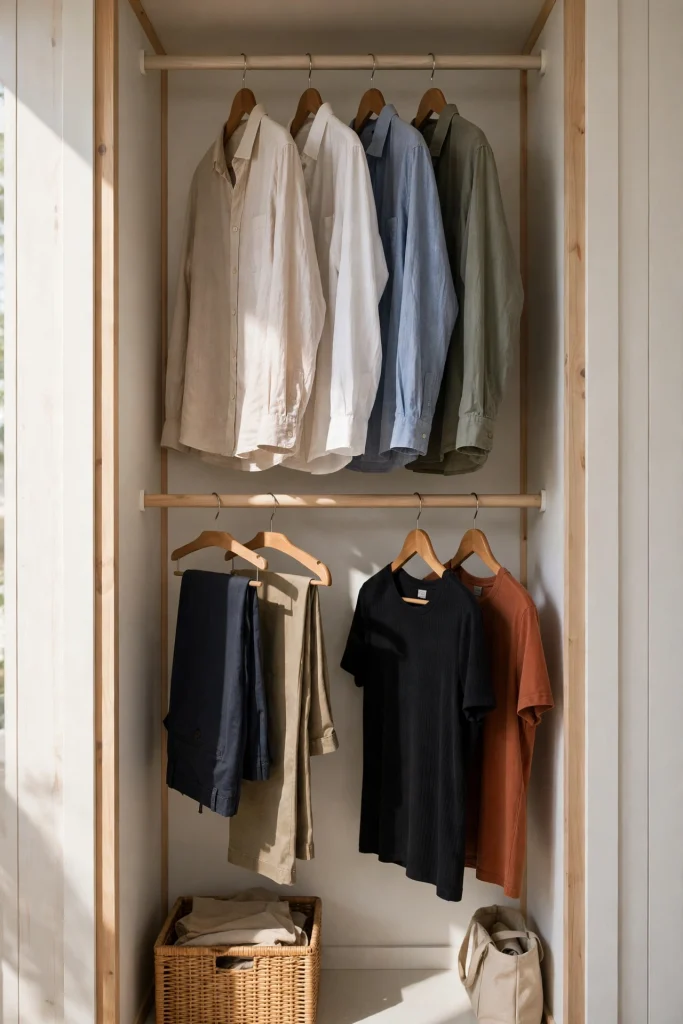 Double hanging rods in a small closet with shirts above and pants and tops below