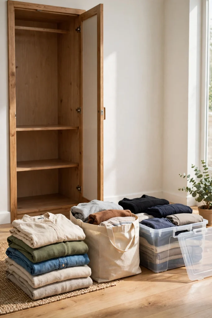 Clothes sorted into keep, donate, and relocate groups beside a small closet during a closet edit