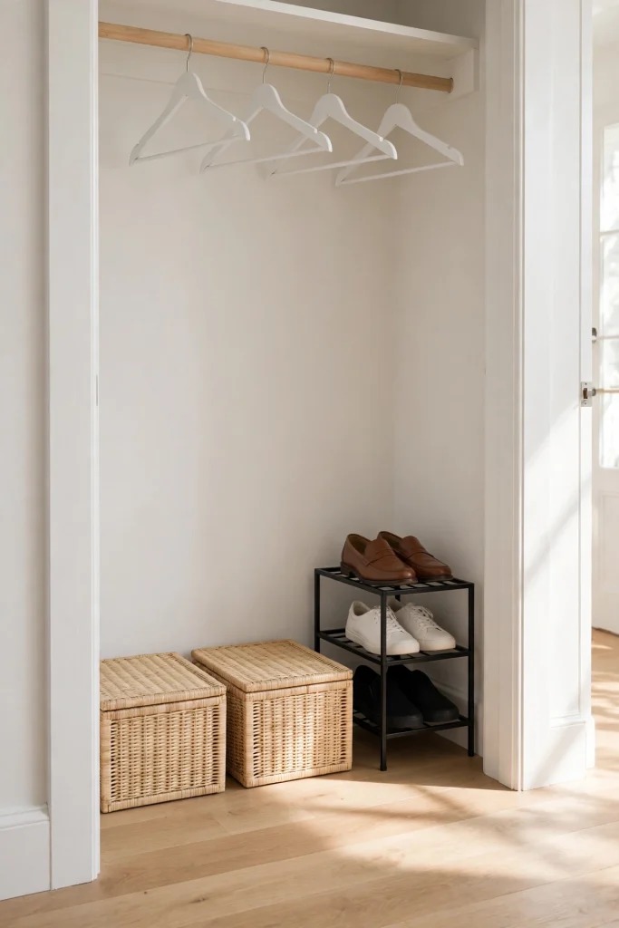 Small closet floor used as planned storage with low bins and a shoe rack, no piles