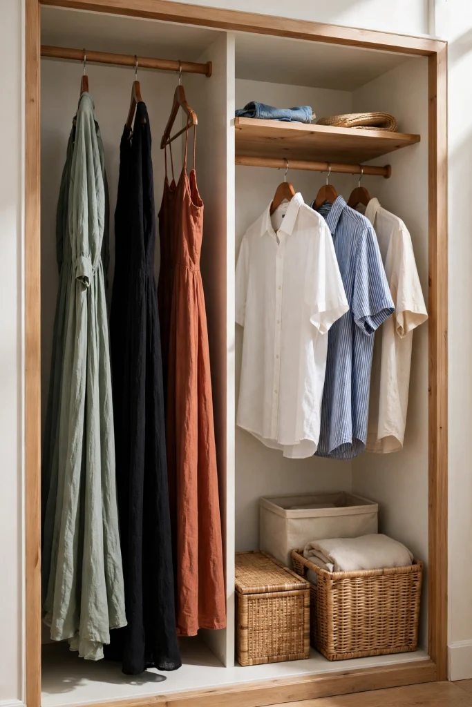 Hanging clothes grouped by length in a small closet with boxes stored under the short section