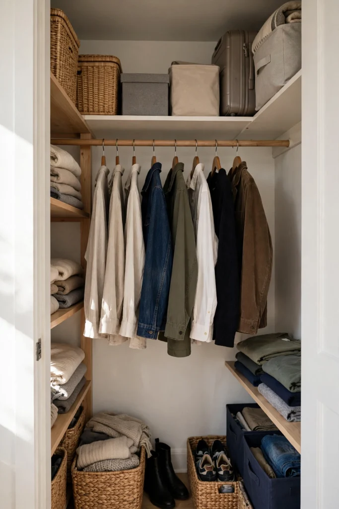 Small closet divided into prime and secondary zones with everyday clothes at eye level