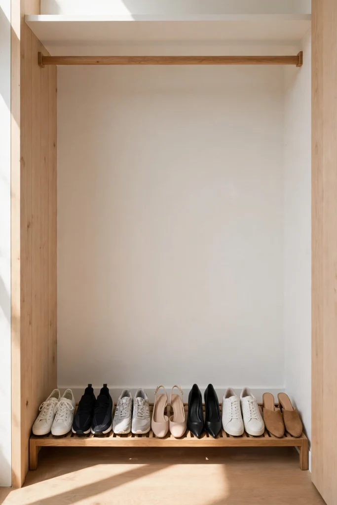Low shoe rack at the bottom of a small closet with pairs of shoes in one defined zone