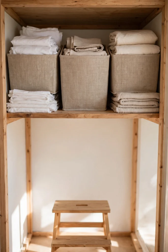 Top shelf of a small closet with matching bins and folded spare linens within reach