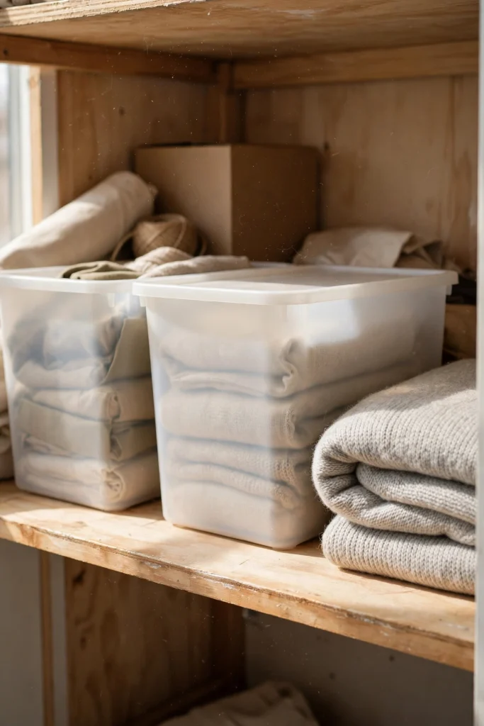 Top shelf of a small closet holding seasonal bins and a folded spare blanket